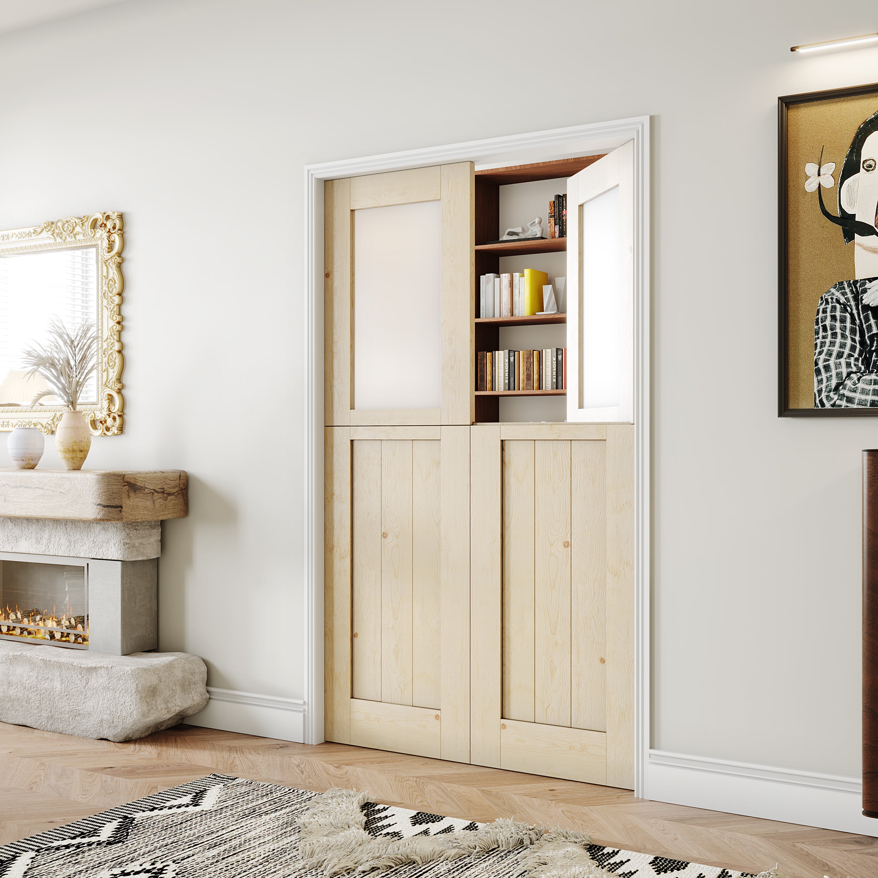 Double Interior Dutch Door, 48/60/64 in. x 80 in. Half Frosted Glass Split Single Door Slab, Modern Style Farmhouse Closet Door, Natural Pine Wood(Not Include Door Hinges)