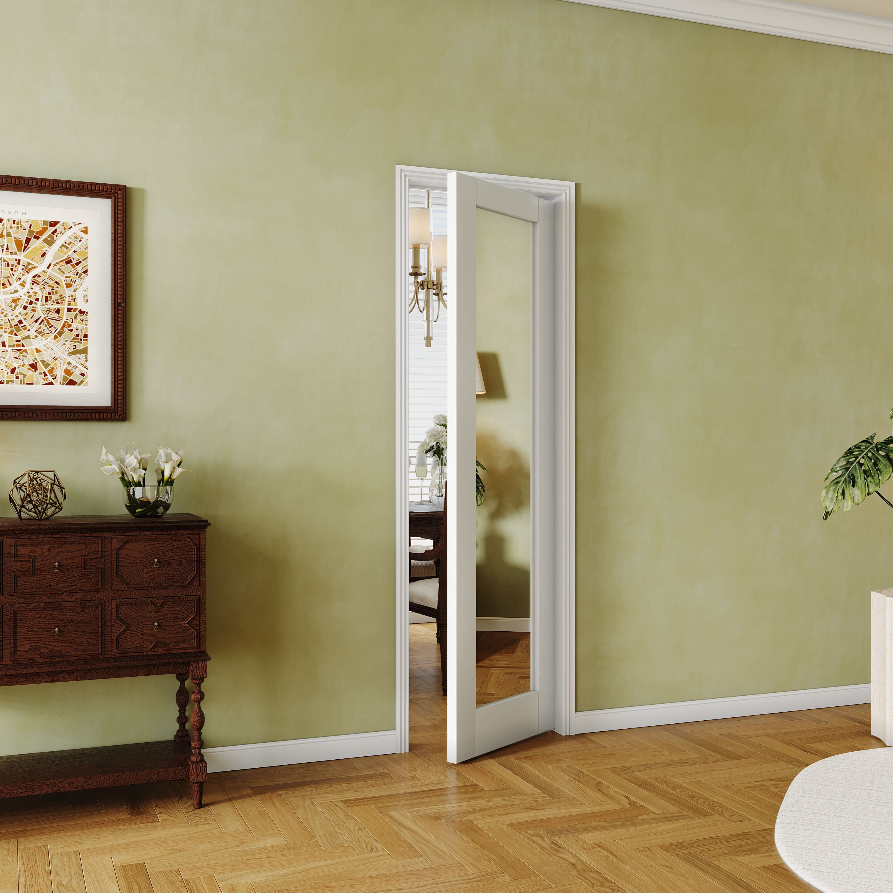 French Interior Door - 1 Lite Mirror Glass Pantry Door Panels, Closet & Bathroom Single Door Slab, White Primed, MDF - Finished Door Panel