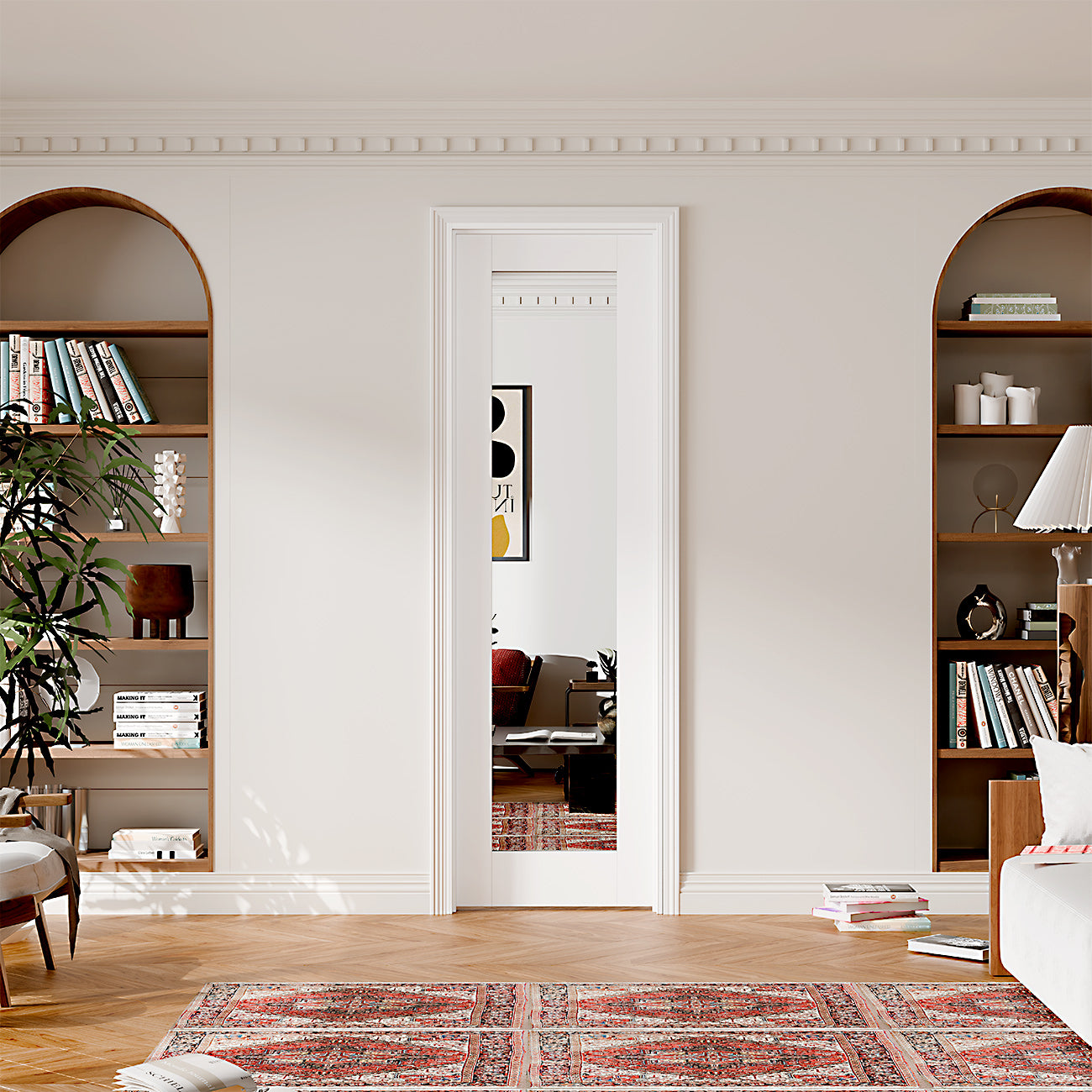 24/30/32 in. x 80 in. 1-Lite Mirrored Glass Single Prehung Interior Door MDF White with Door Jamb and Hardware Kit