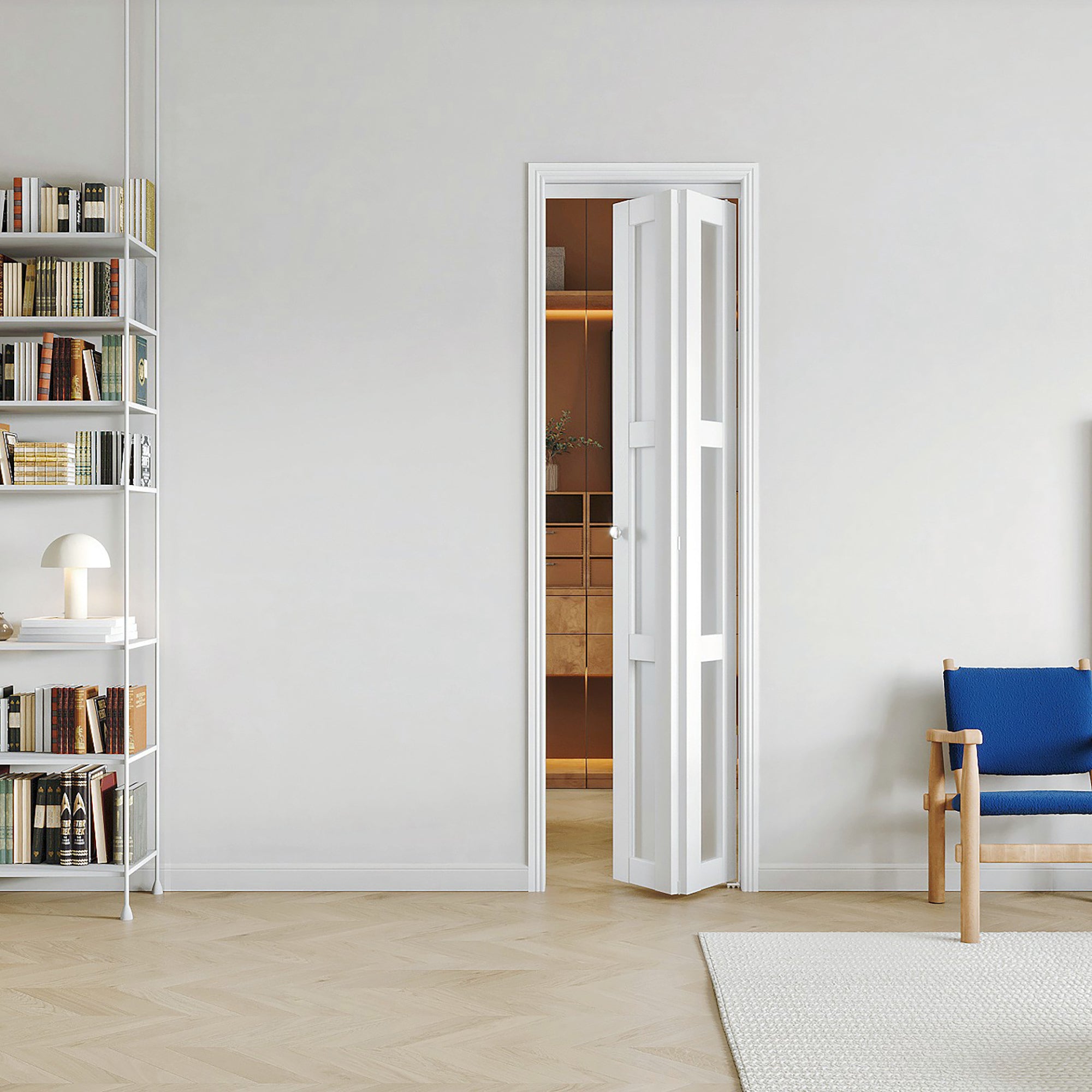 24/30/36 in x 80 in Three Frosted Glass Panel Bi-Fold Interior Door with MDF & Water-Proof PVC Covering, Hardware Included