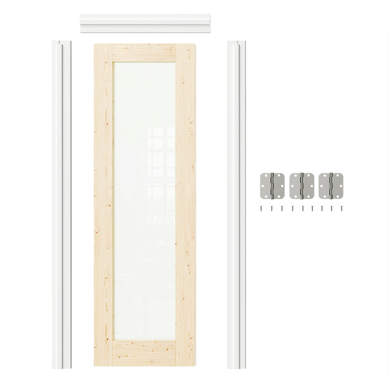 24/30/32 in. x 80 in. Pine Wood Color Prehung Interior Door Frosted Glass MDF Wood with Door Jamb and Hardware Kit