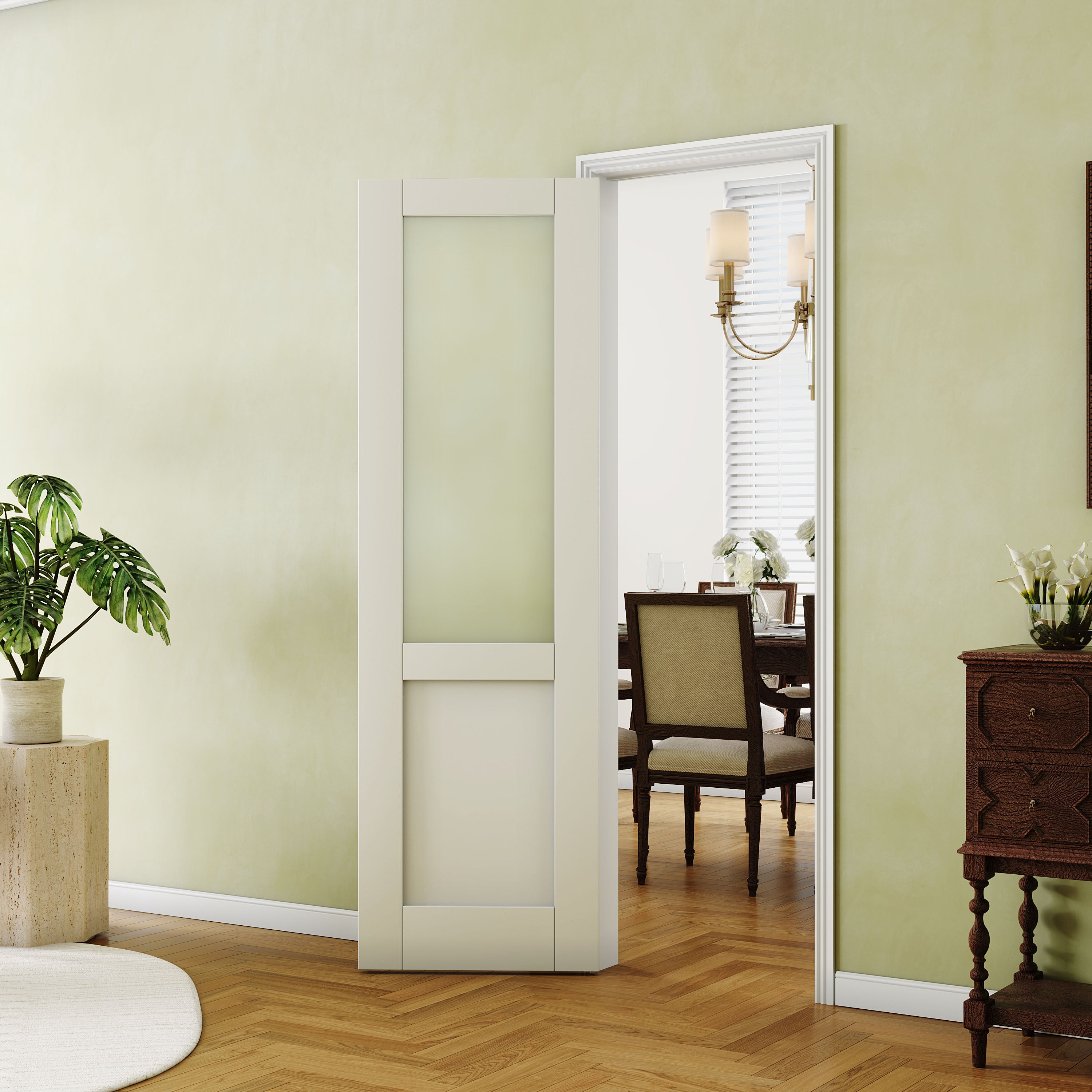 Half-Frosted Glass Interior Door, Finished Door Panels for Wardrobe & Bedroom, Single Pantry Door Slab, MDF, White Primed