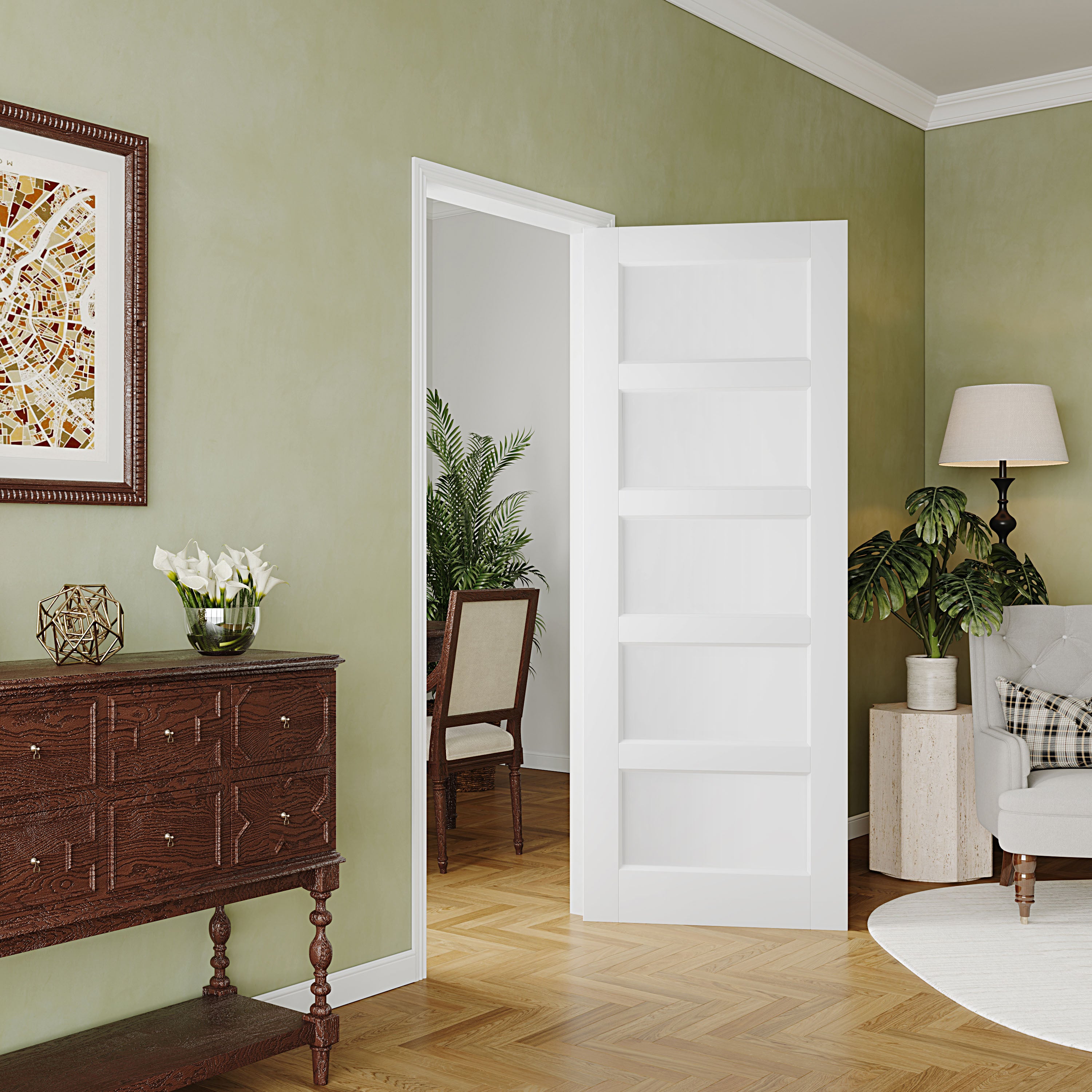 French Interior Door - 5-Panel Solid Core Wood Pantry Door, Closet & Bathroom Single Pre-Finished Door Slab - White Primed(Not Include Door Hinges)