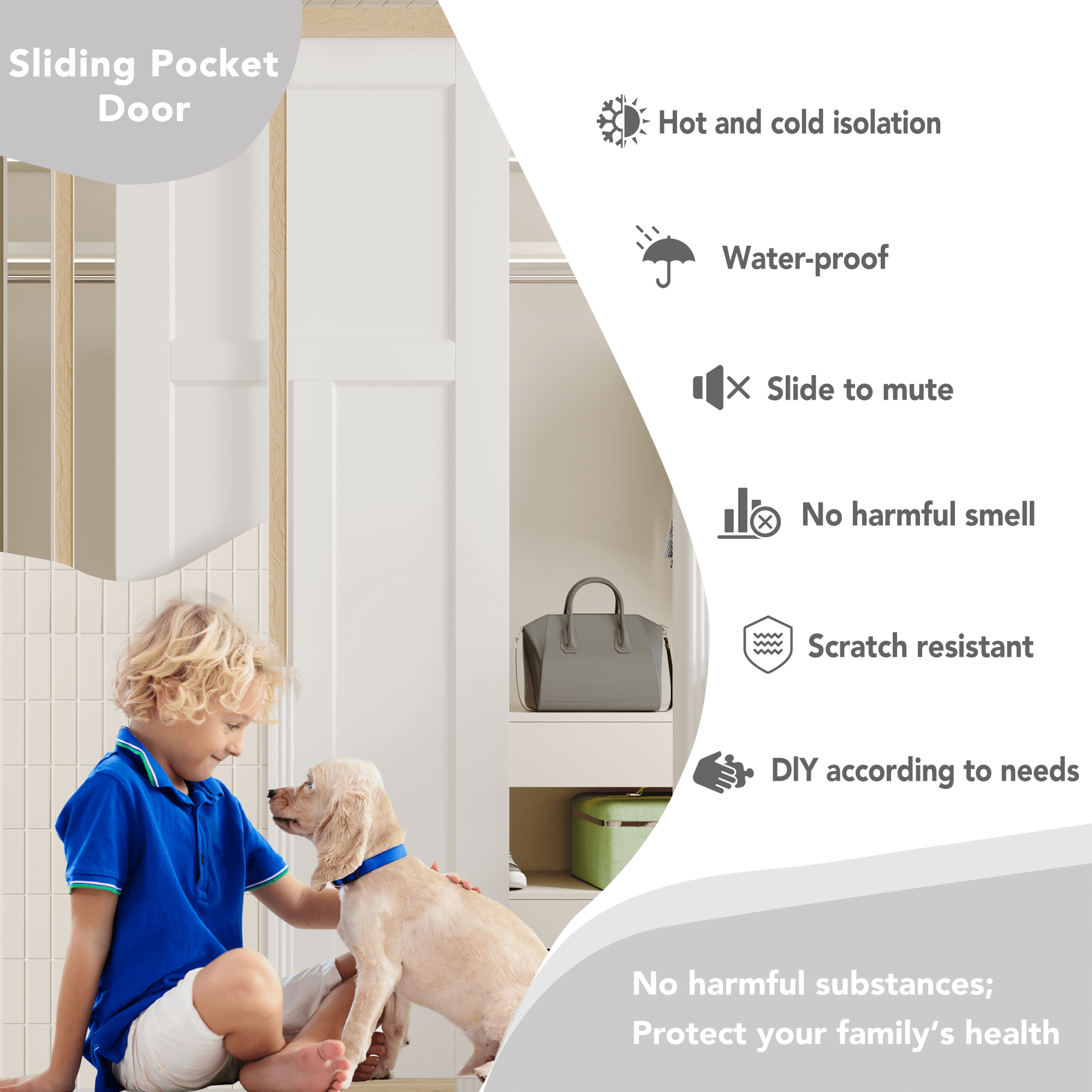 TENONER Sliding Pocket Door, 30 in. x 80 in, 1-Panel Core with Frame and Hardware Kit Set, Interior Door Slab for Pocket Door, White Primed - No Panel Assembly Required