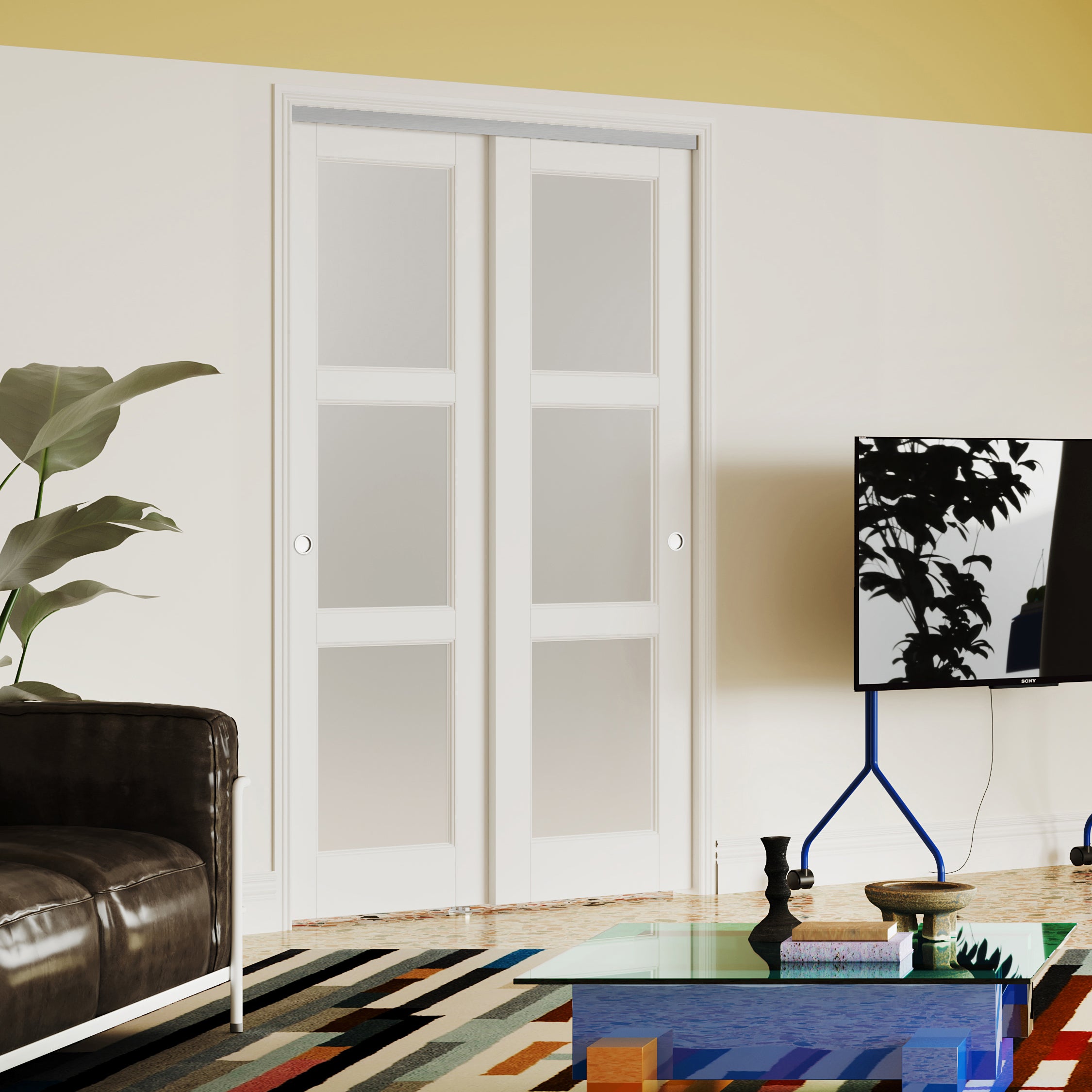 TENONER White MDF 3-Lite Frosted Glass Bypass Door for  Bedroom, Living Room,Laundry – DIY Painted, Easy Installation with Bypass Hardware Kits