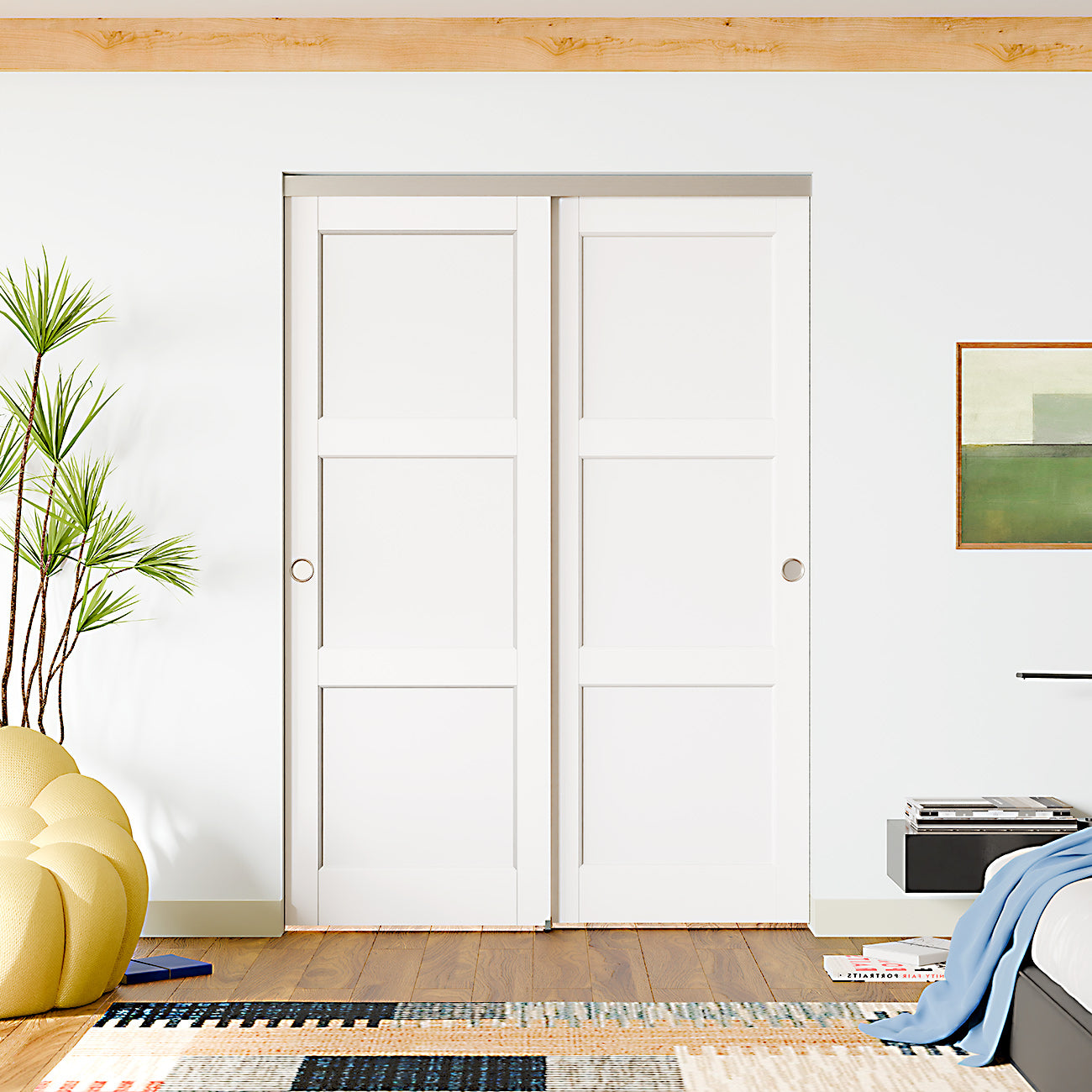 TENONER White MDF 3 Panel Bypass Door for  Bedroom, Living Room,Laundry – DIY Painted, Easy Installation with Bypass Hardware Kits