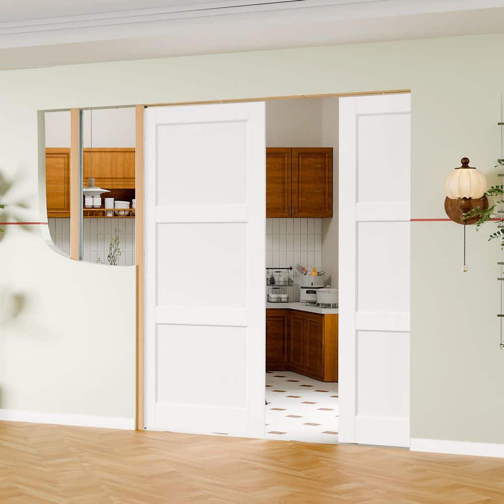 TENONER White MDF 3-Panel Sliding Pocket Door for Bedroom, Closet, Pantry with Hardware Kit & Soft Close