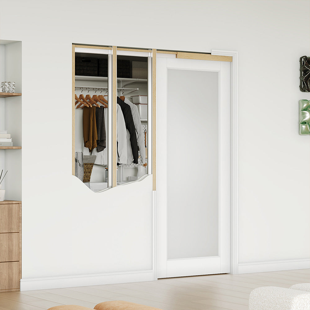 TENONER Sliding Pocket Door, 1-Lite Frosted Glass Interior Door with Frame and Hardware Kit Set, Interior Door Slab for Pocket Door, White Primed - No Panel Assembly Required