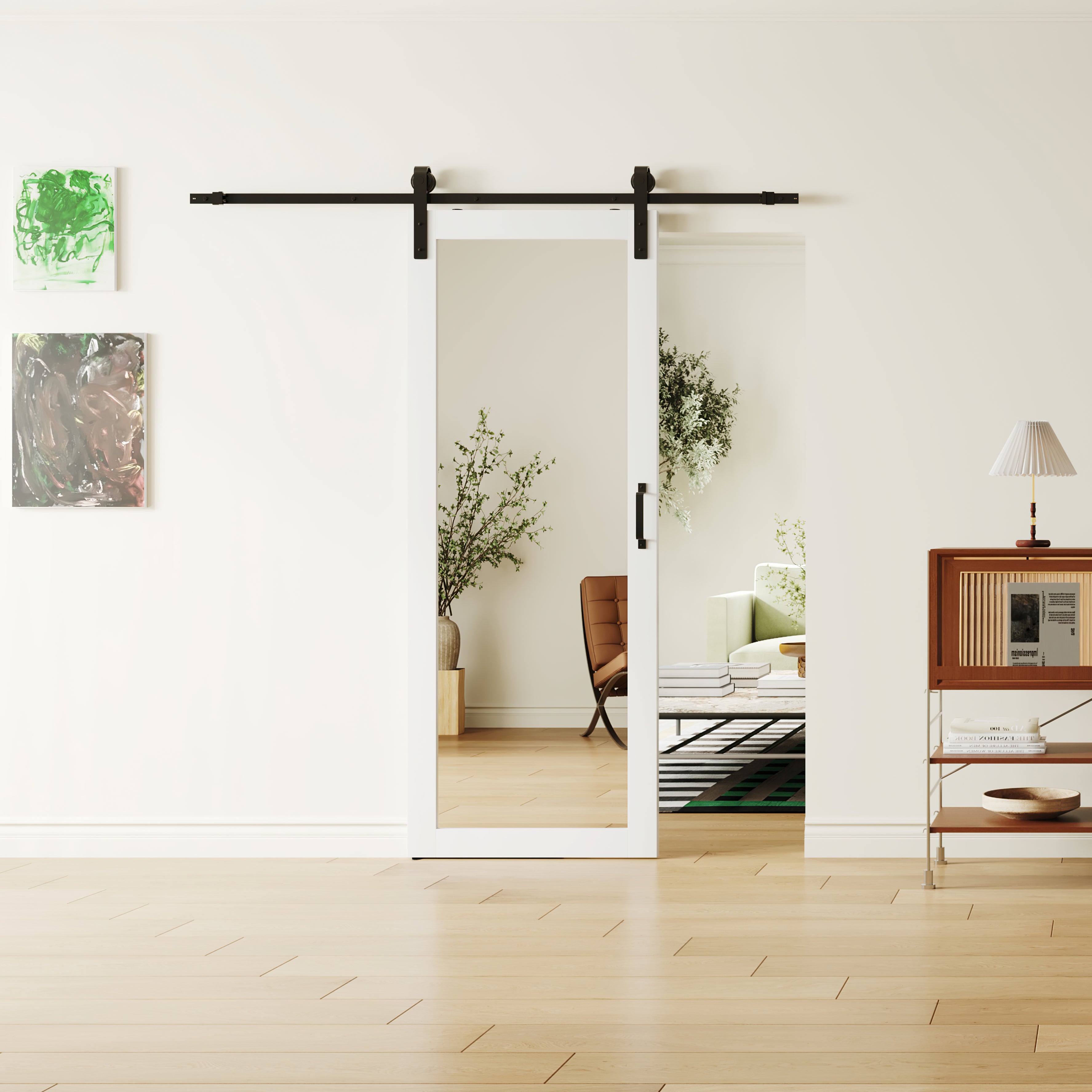 30 in x 84 in 1 Lite, Mirrored Glass, White, Finished, MDF Sliding Barn Door with Hardware Kit