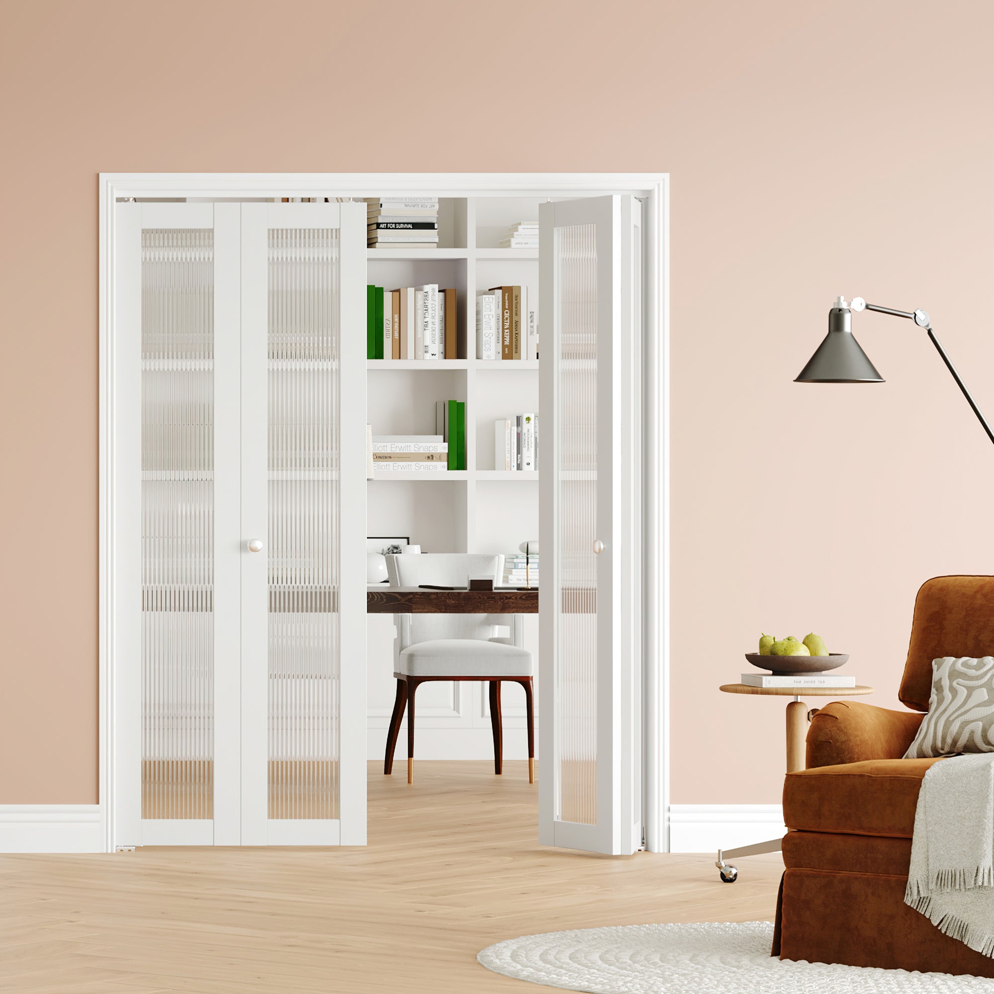 48/60/72 in x 80 in, Reeded Glass, Full Lite Bi-Fold Interior Door with MDF & Water-Proof PVC Covering, Hardware Included