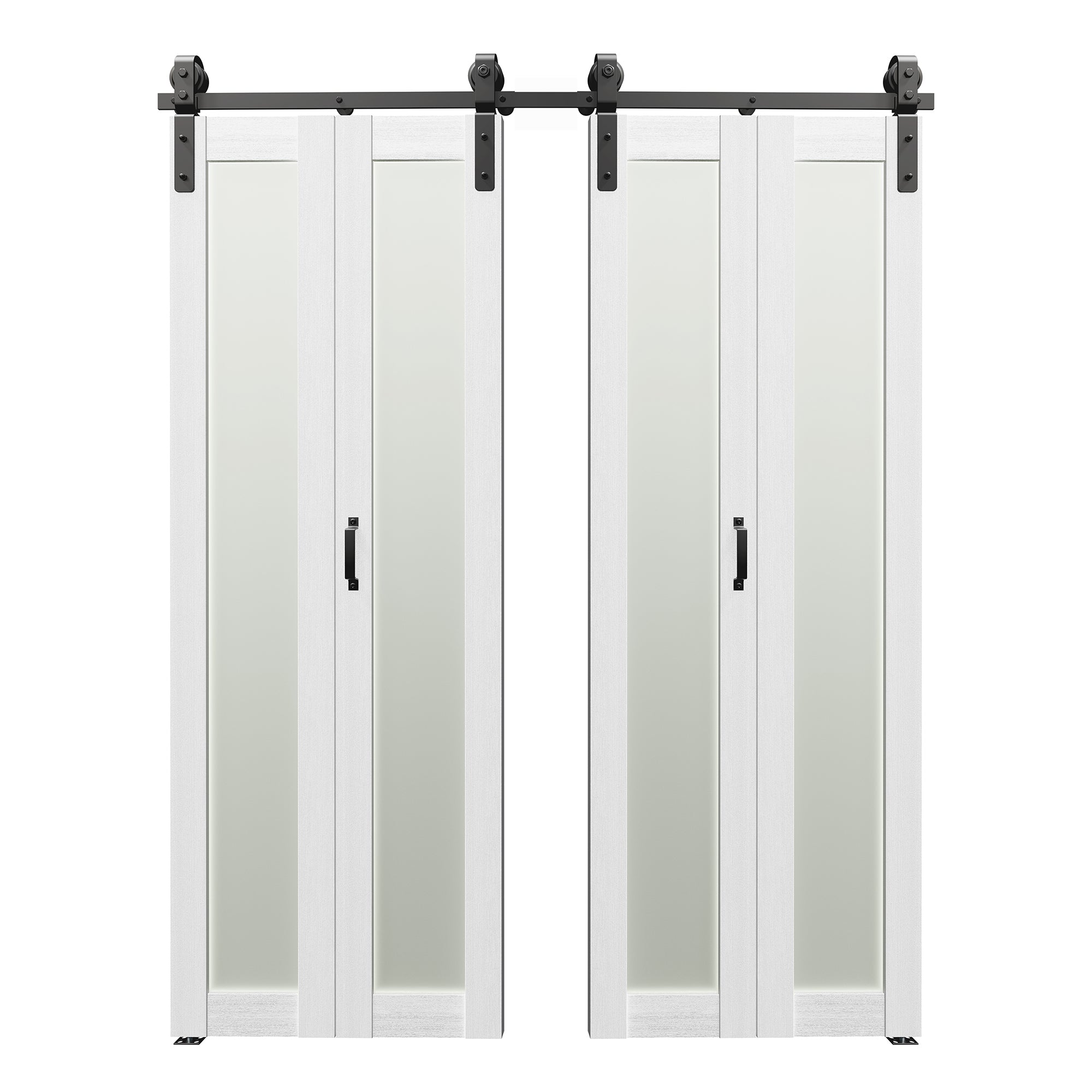 TENONER Double Bi-Fold Sliding Barn Door, 1 Lites Tempered Frosted Glass Panel with Hardware Kit Set, Finished Closet Door Slab, Two Track for 4 Doors, MDF, White