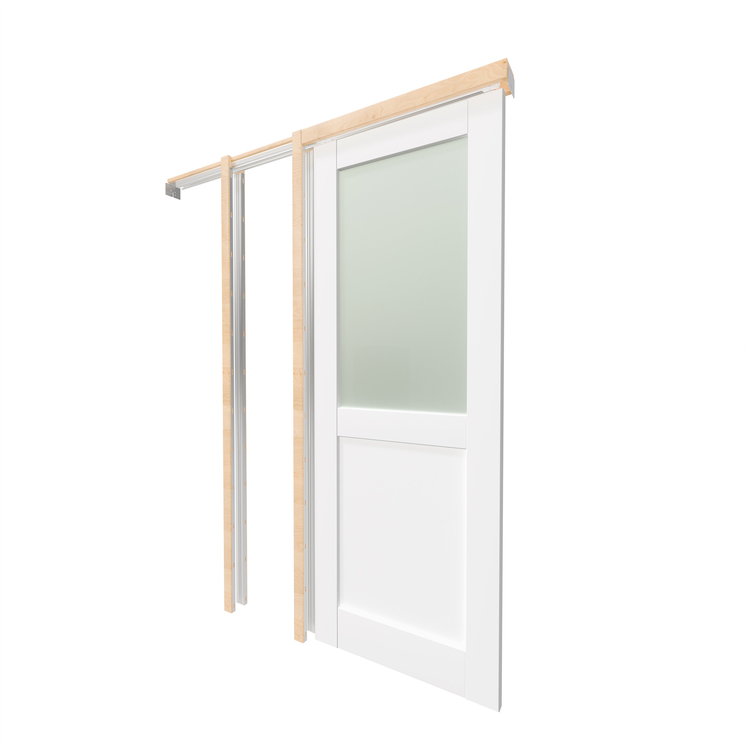 TENONER Sliding Pocket Door, Half-Frosted Glass with Frame and Hardware Kit Set, Interior Door Slab for Pocket Door, White Primed - No Panel Assembly Required