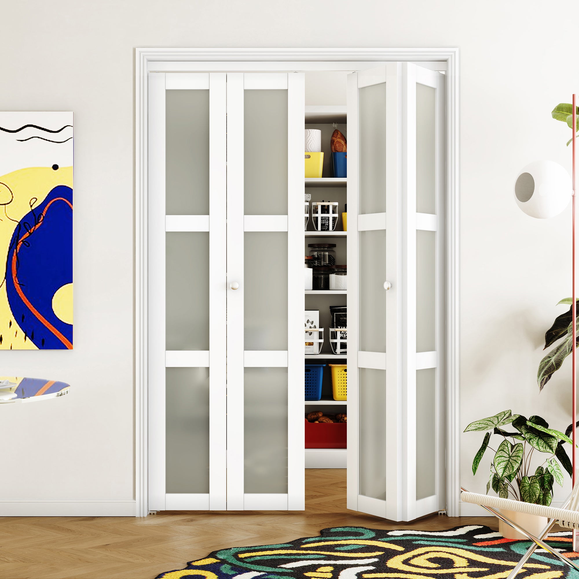 48/60/72 in x 80 in Three Frosted Glass Panel Bi-Fold Interior Door with MDF & Water-Proof PVC Covering, Hardware Included