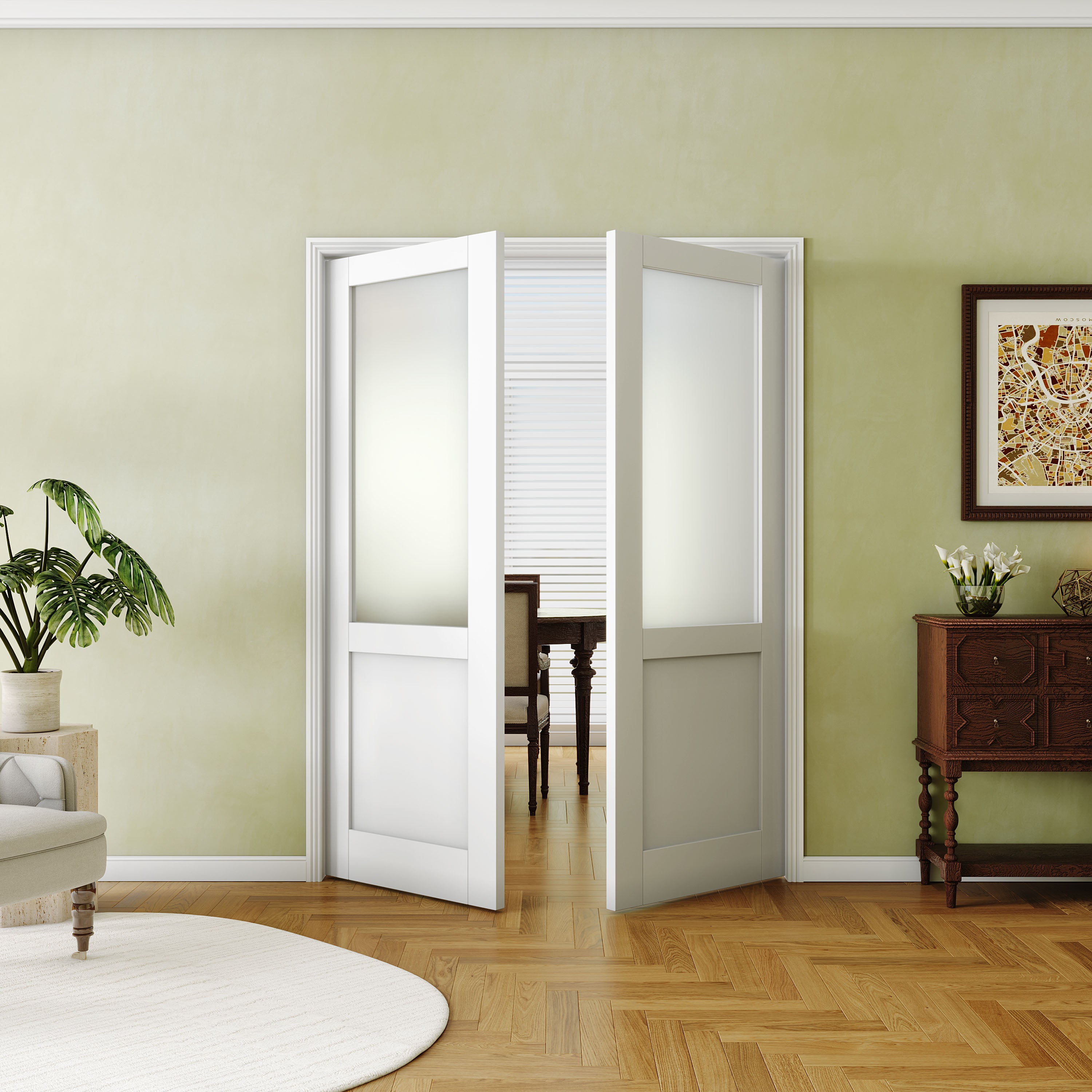 French Interior Double Door- Half Lite Frosted Glass Pantry Door Panels, Closet & Bathroom Double Door Slab, White Primed, MDF - Pre-Finished Door Panel