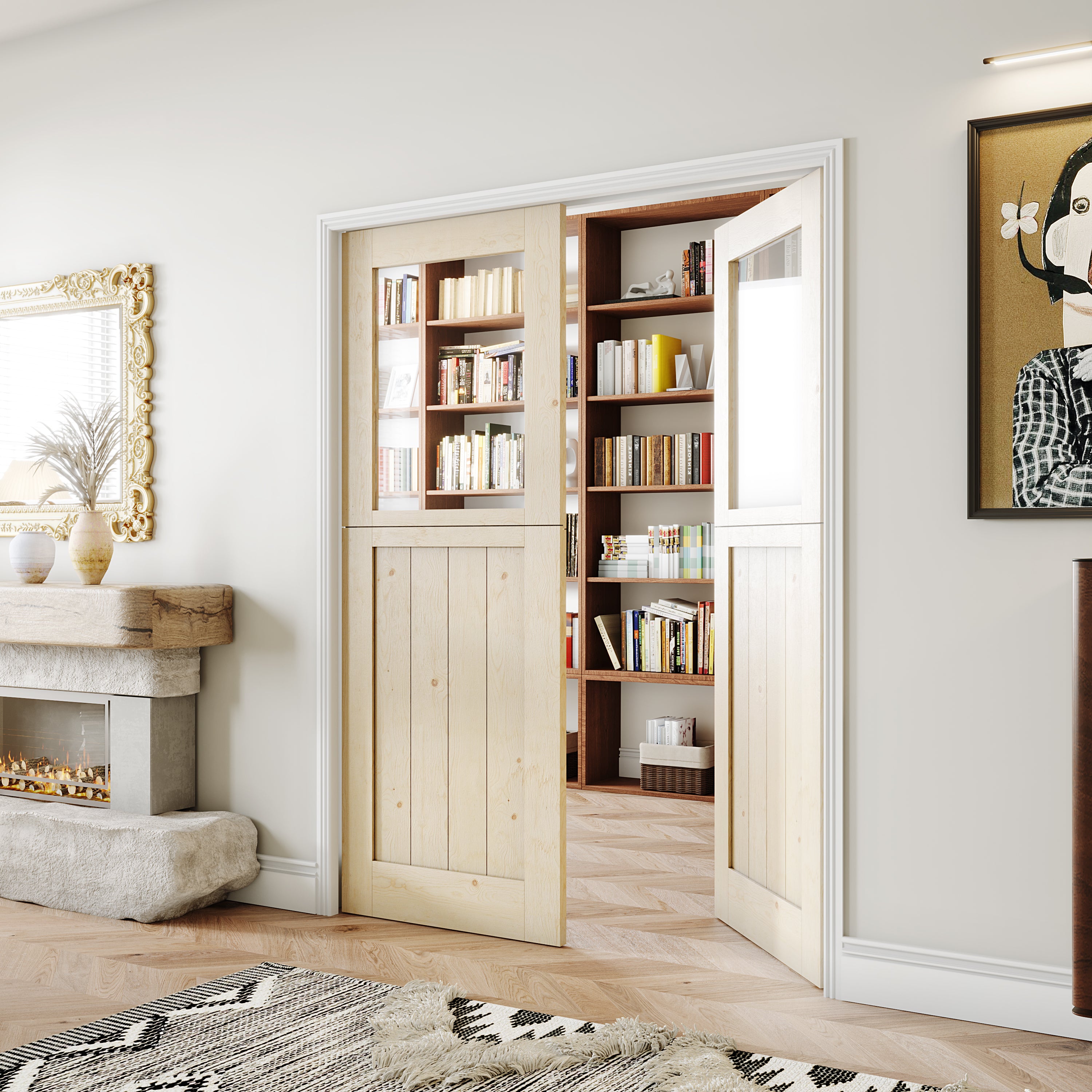 Double Dutch Door, 60/64 in. x 80 in. Half Clear Glass Split Single Door Slab, Modern Style Farmhouse Interior Closet Door, Natural Pine Wood(Not Include Door Hinges)