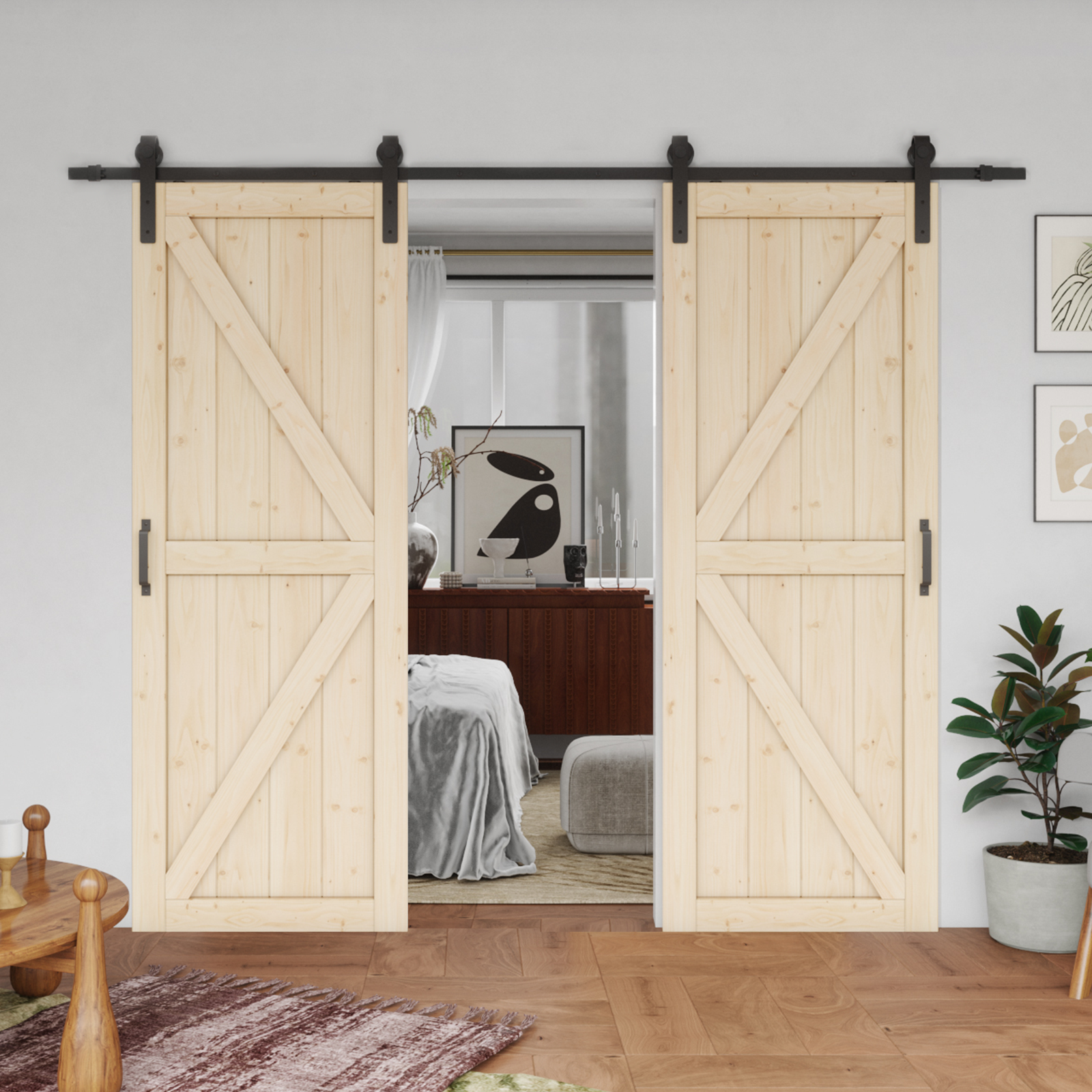 TENONER Double Pine Wood Barn Door, Sliding Barn Door with All Hardware Kit Included, Pre-Drilled Easy to Assemble, DIY Unfinished K-Frame Solid Core Single Barn Door, Natural