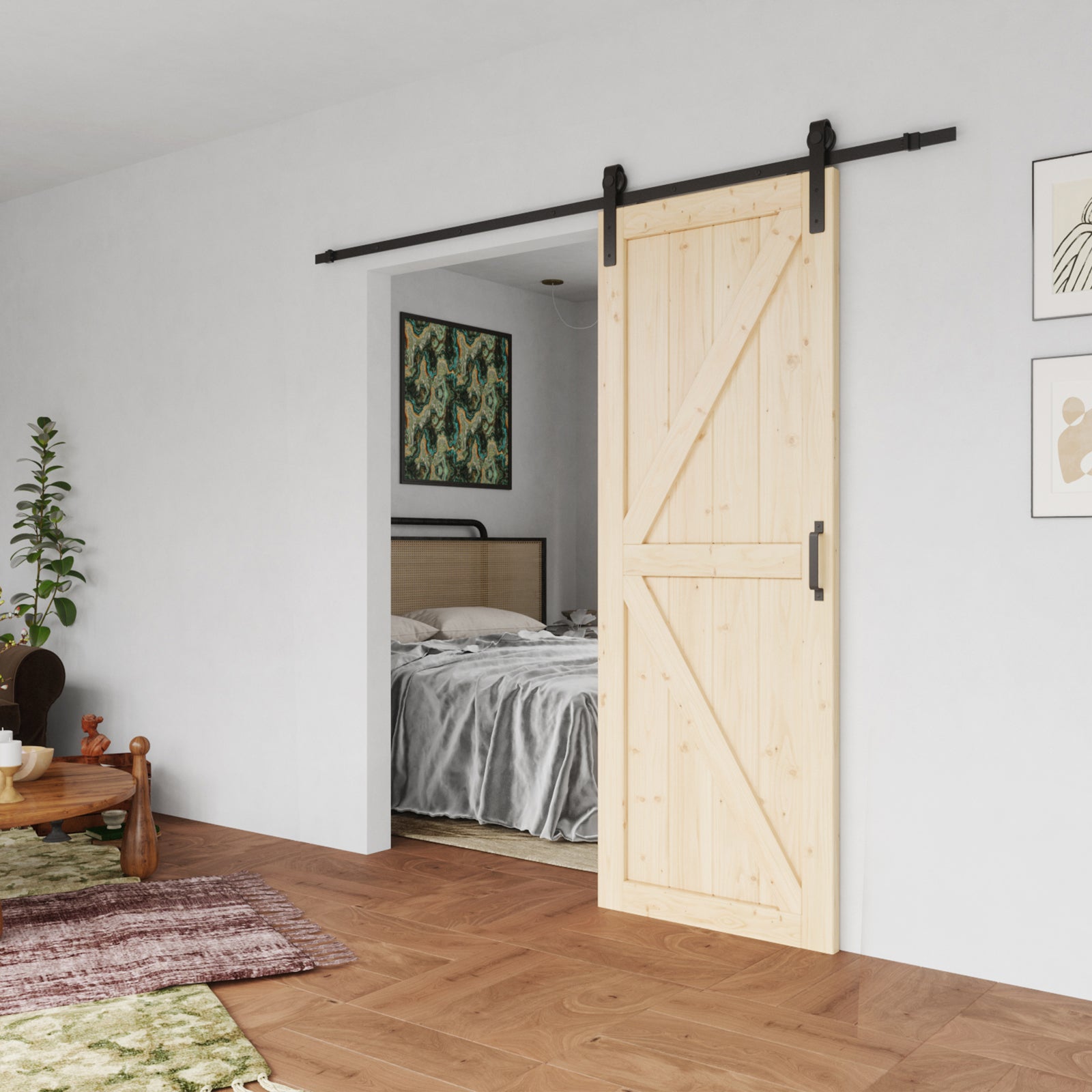 TENONER Pine Wood Barn Door, Sliding Barn Door with All Hardware Kit Included, Pre-Drilled Easy to Assemble, DIY Unfinished K-Frame Solid Core Single Barn Door, Natural