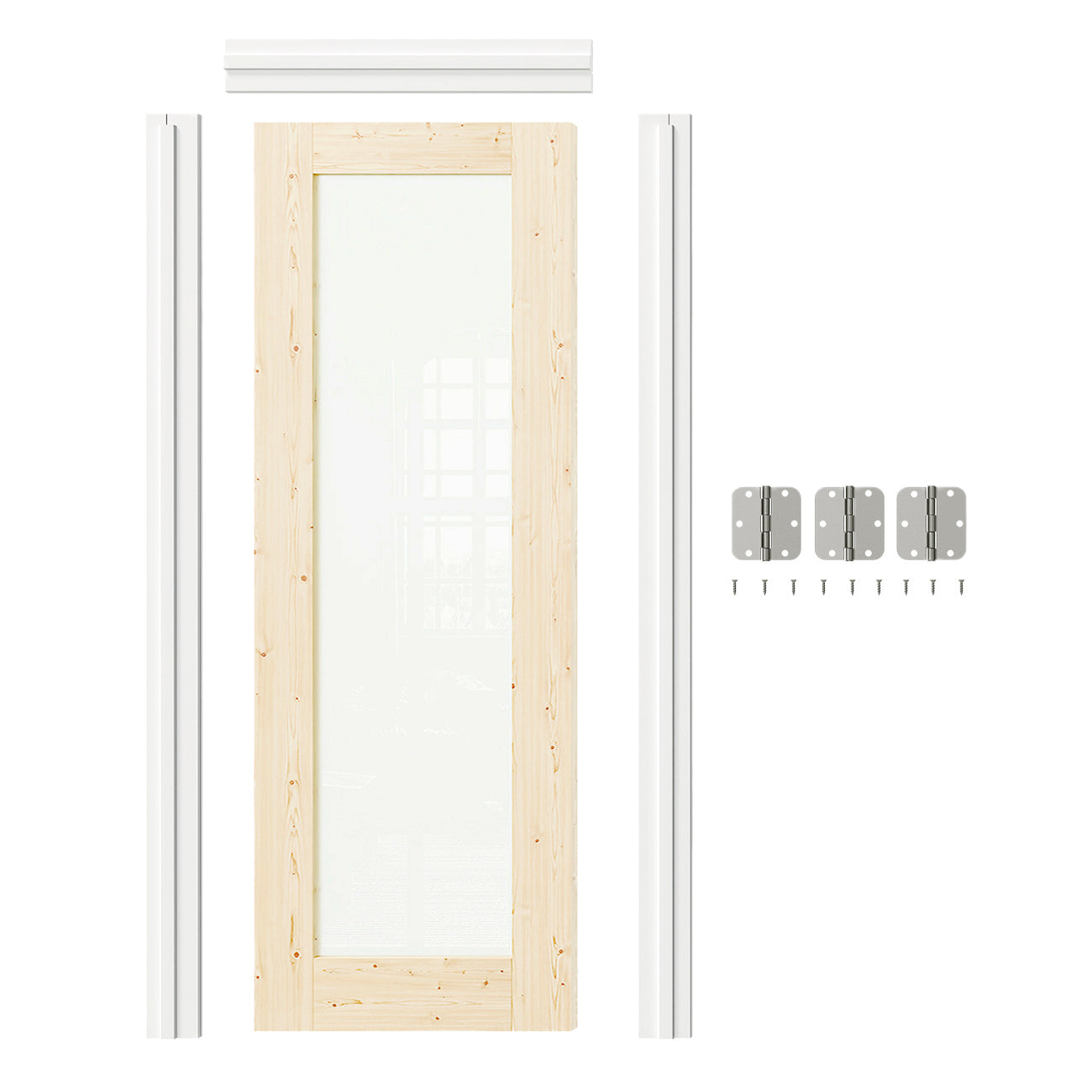 24/30/32 in. x 80 in. Pine Wood Color Prehung Interior Door Frosted Glass MDF Wood with Door Jamb and Hardware Kit