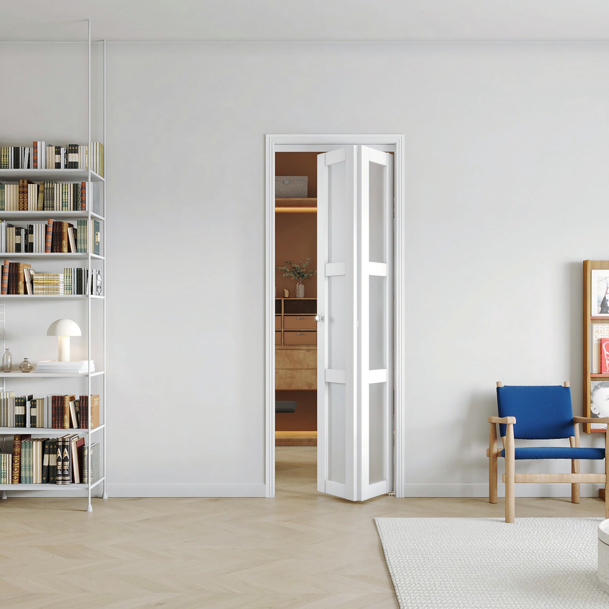 24/30/36 in x 80 in Three Frosted Glass Panel Bi-Fold Interior Door with MDF & Water-Proof PVC Covering, Hardware Included