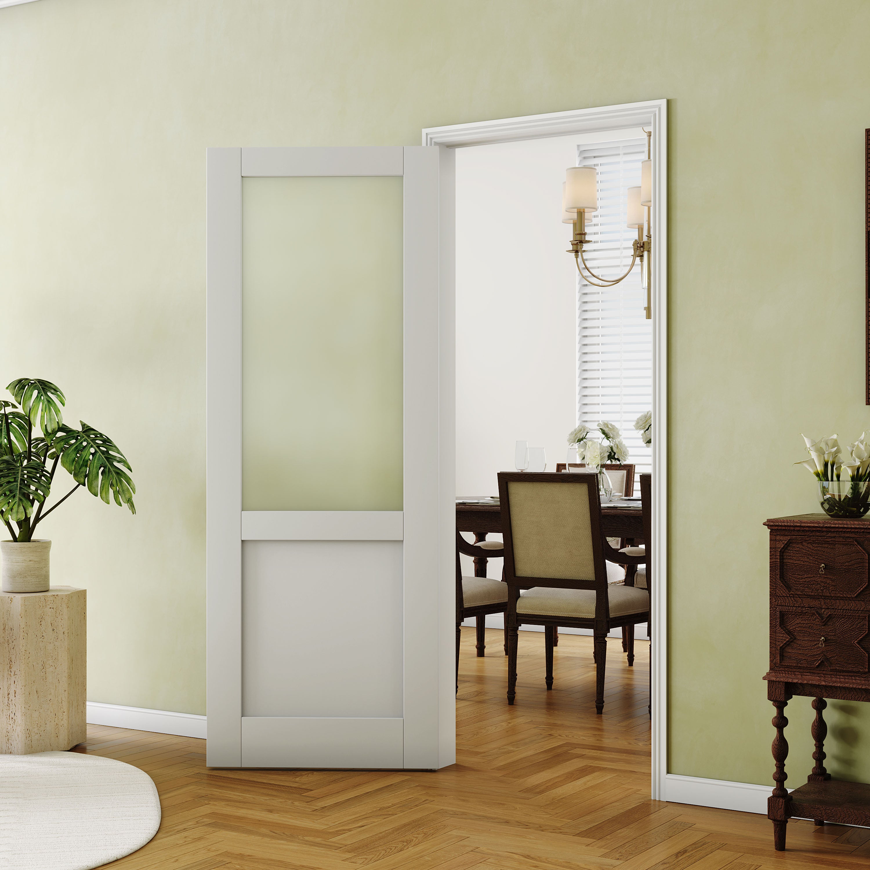 Half-Frosted Glass Interior Door, Finished Door Panels for Wardrobe & Bedroom, Single Pantry Door Slab, MDF, White Primed