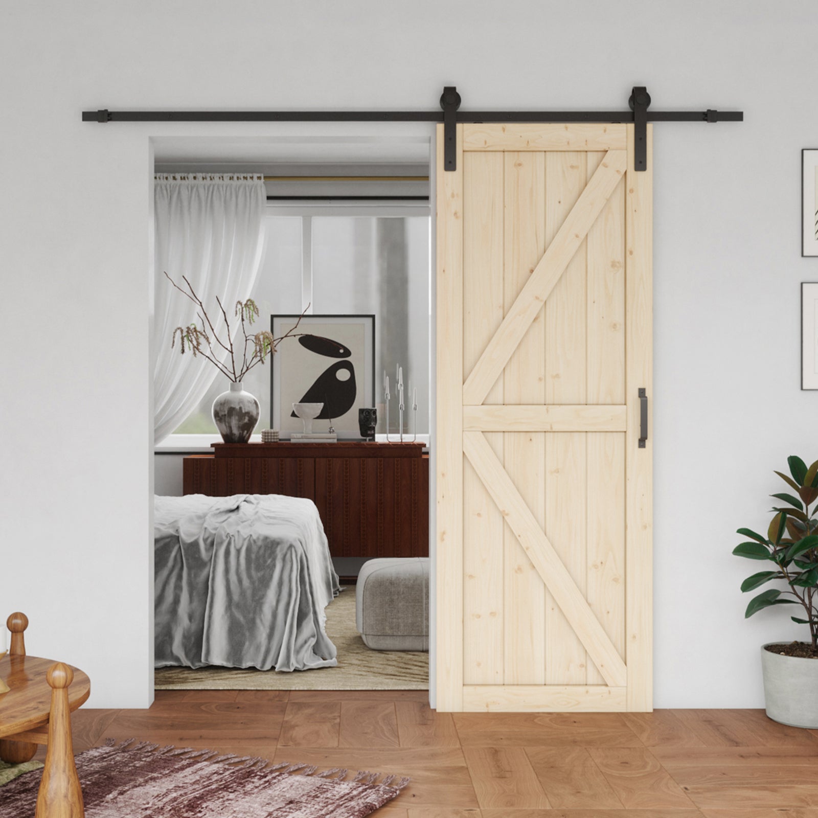 TENONER Pine Wood Barn Door, Sliding Barn Door with All Hardware Kit Included, Pre-Drilled Easy to Assemble, DIY Unfinished K-Frame Solid Core Single Barn Door, Natural