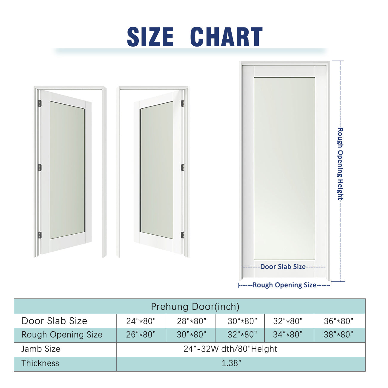 1-Lite Frosted Glass Interior Door, 24/30/32 in.x 80 in. Finished Door Panels for Wardrobe & Bedroom, Single Pantry Door Slab, MDF, White Primed