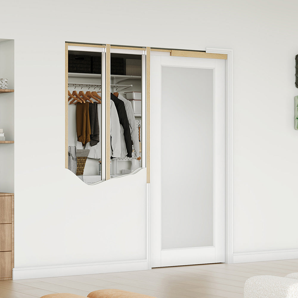 TENONER Sliding Pocket Door, 1-Lite Frosted Glass Interior Door with Frame and Hardware Kit Set, Interior Door Slab for Pocket Door, White Primed - No Panel Assembly Required