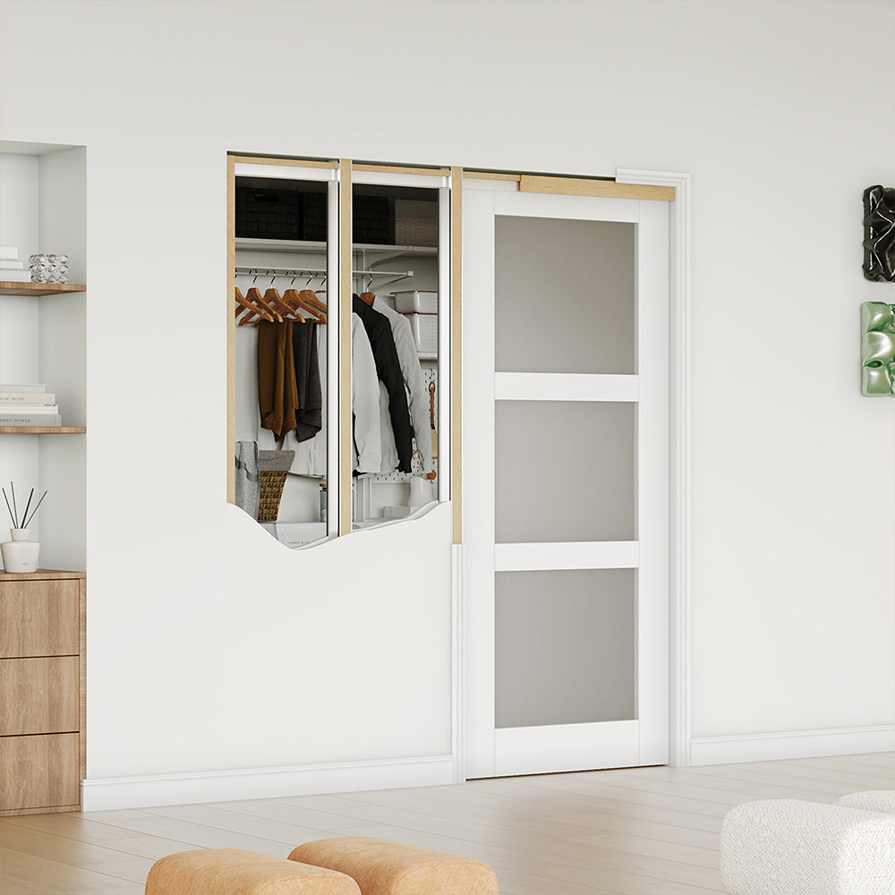 TENONER Sliding Pocket Door, 3-Lite Frosted Glass Interior Door with Frame and Hardware Kit Set, Interior Door Slab for Pocket Door, White Primed - No Panel Assembly Required