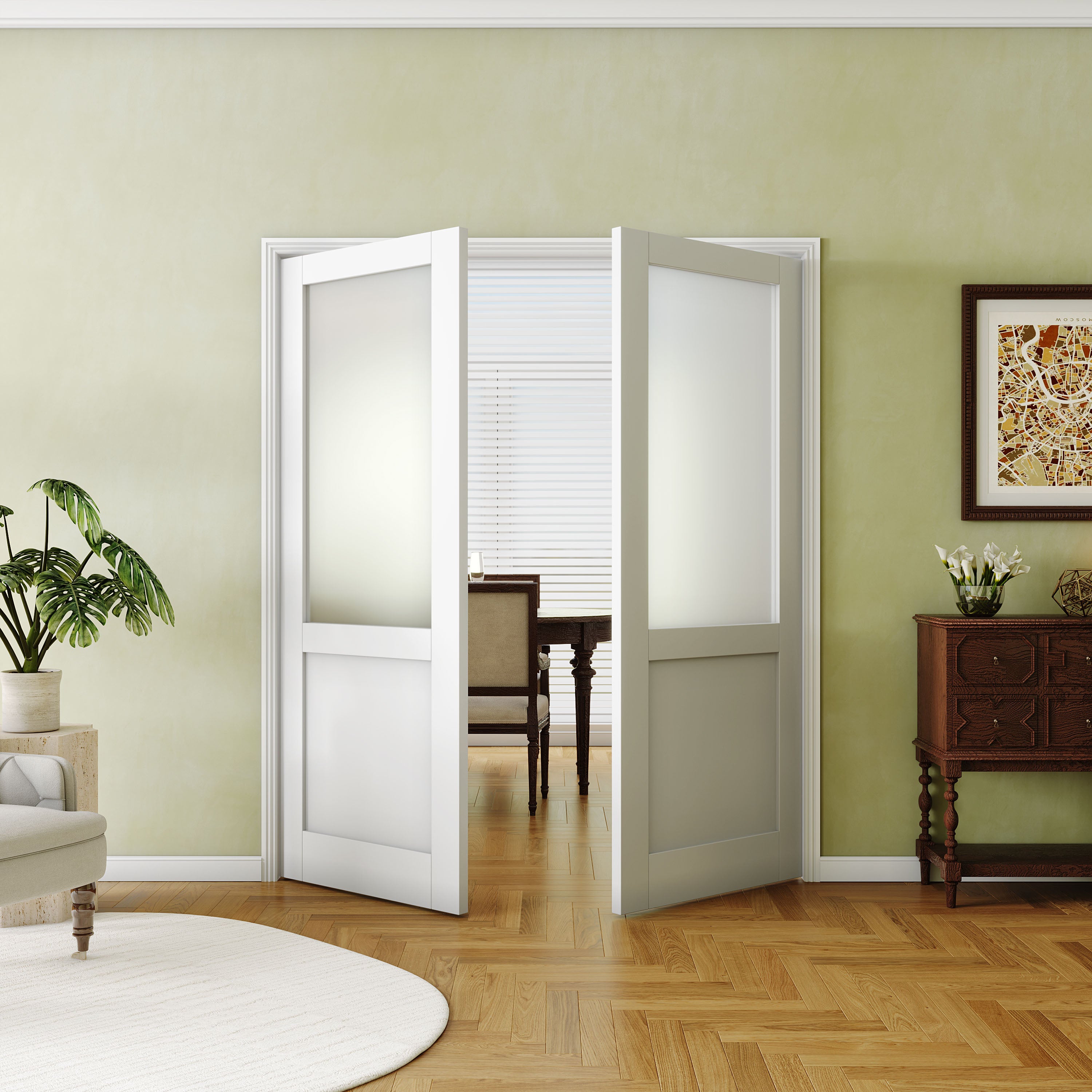 French Interior Double Door- Half Lite Frosted Glass Pantry Door Panels, Closet & Bathroom Double Door Slab, White Primed, MDF - Pre-Finished Door Panel