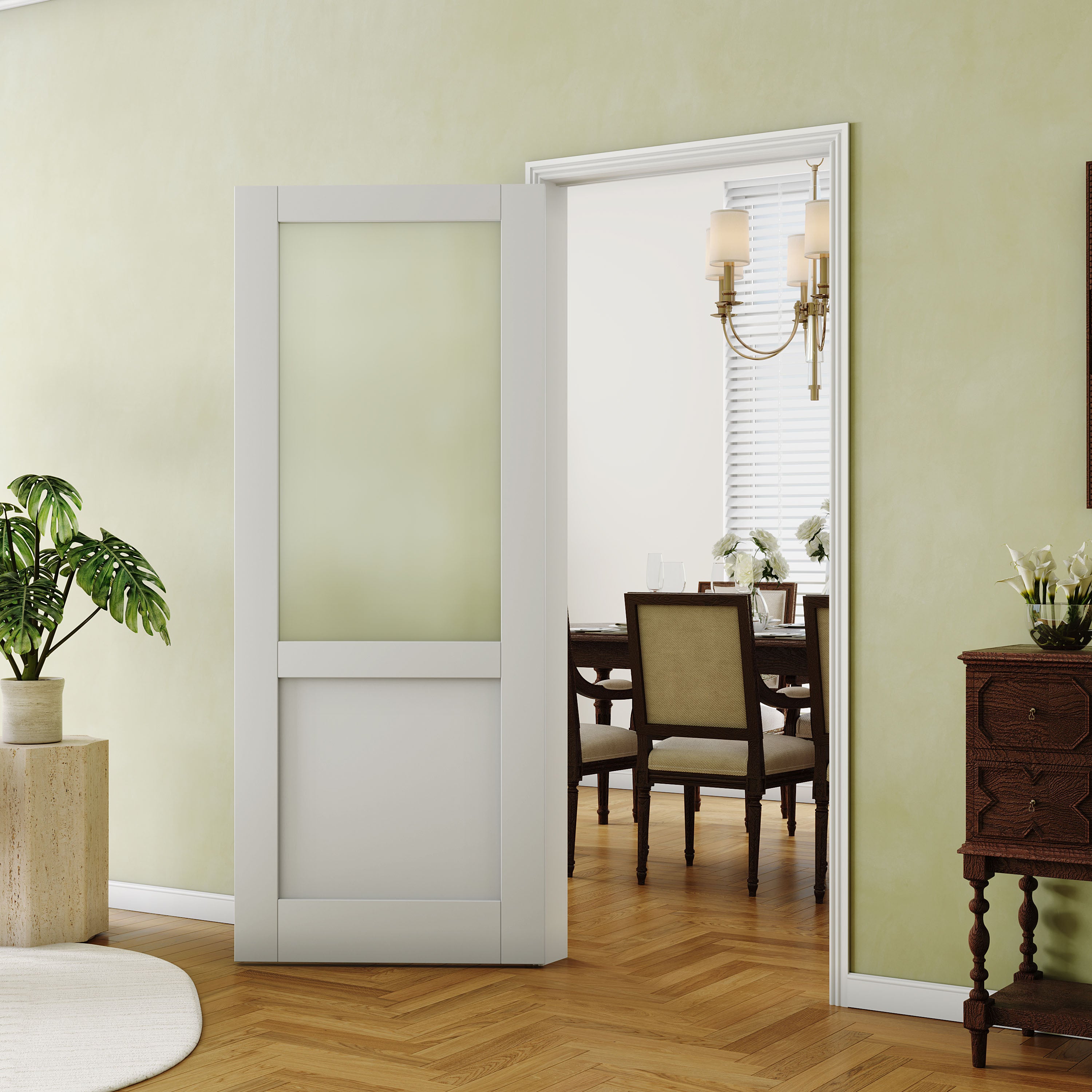 Half-Frosted Glass Interior Door, Finished Door Panels for Wardrobe & Bedroom, Single Pantry Door Slab, MDF, White Primed