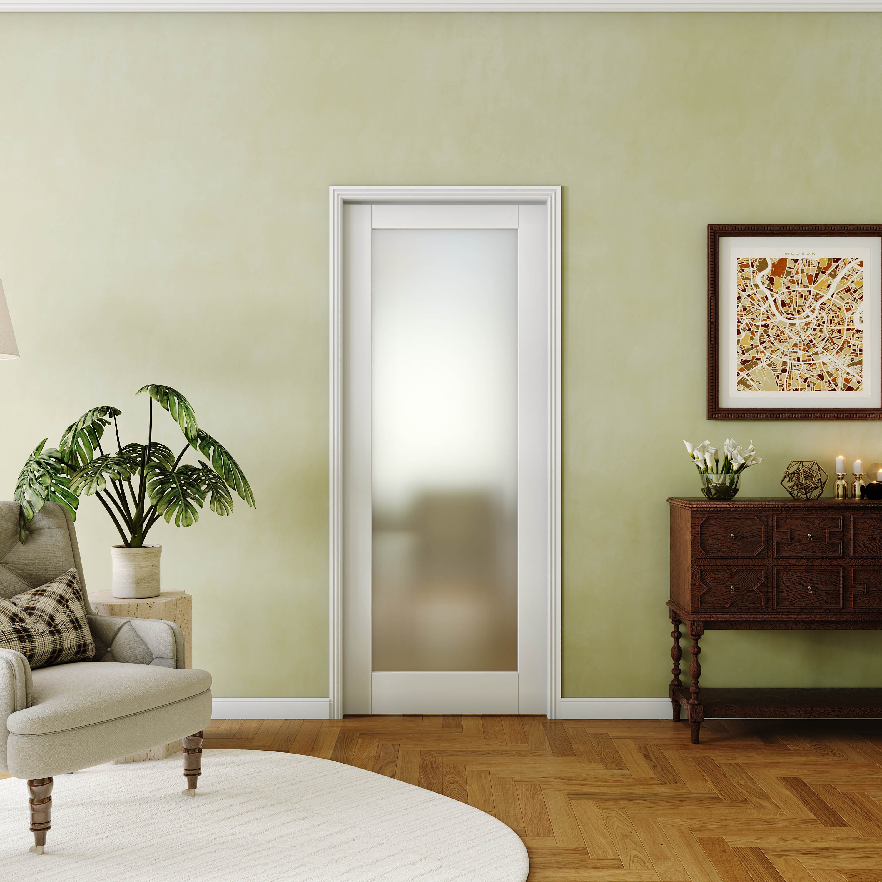 French Interior Door - 1 Lite Tempered Frosted Glass Pantry Door Panels, Closet & Bathroom Single Door Slab, White Primed, MDF - Finished Door Panel