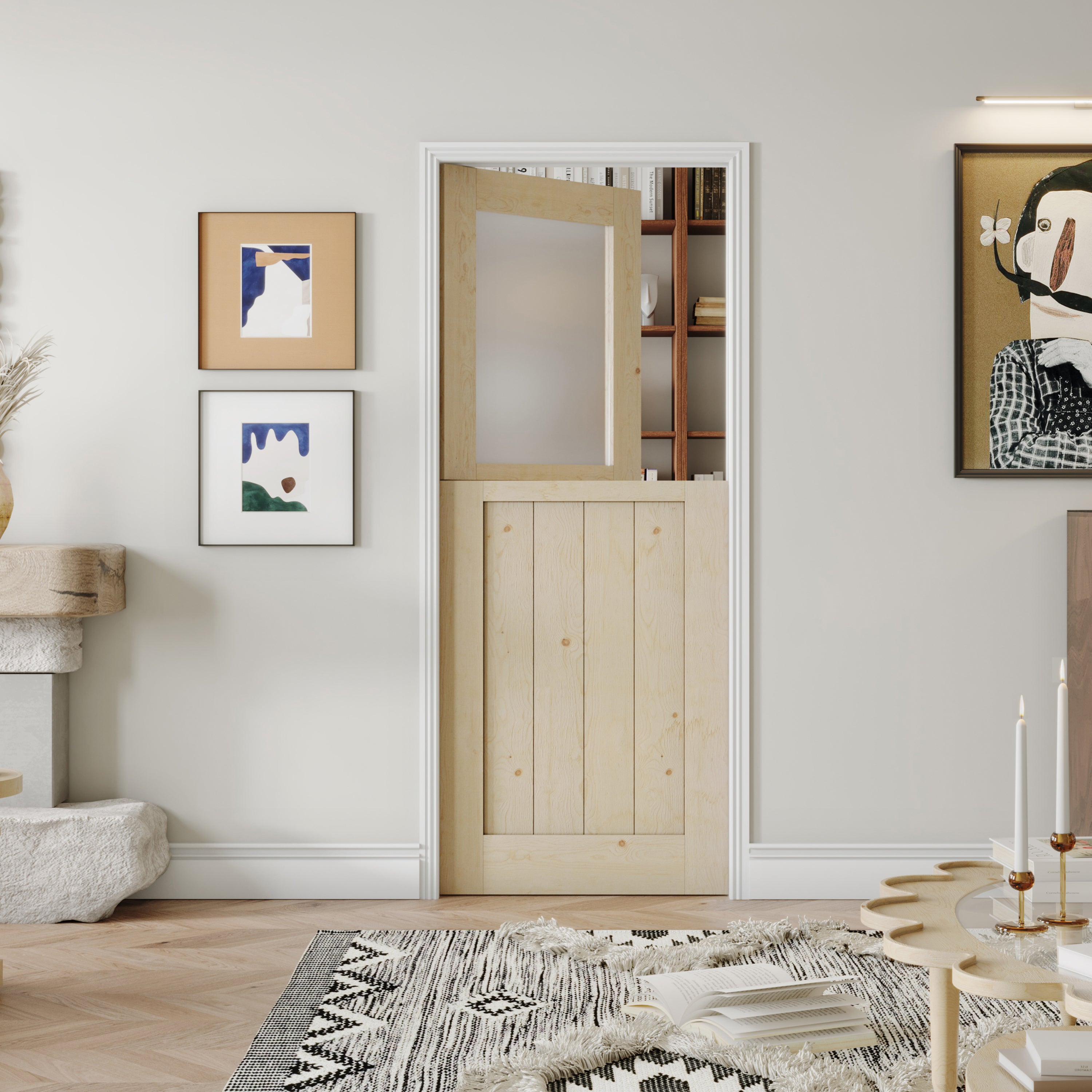 Interior Dutch Door, 24/30/32 in. x 80 in. Half Frosted Glass Split Single Door Slab, Modern Style Farmhouse Closet Door, Natural Pine Wood(Not Include Door Hinges)