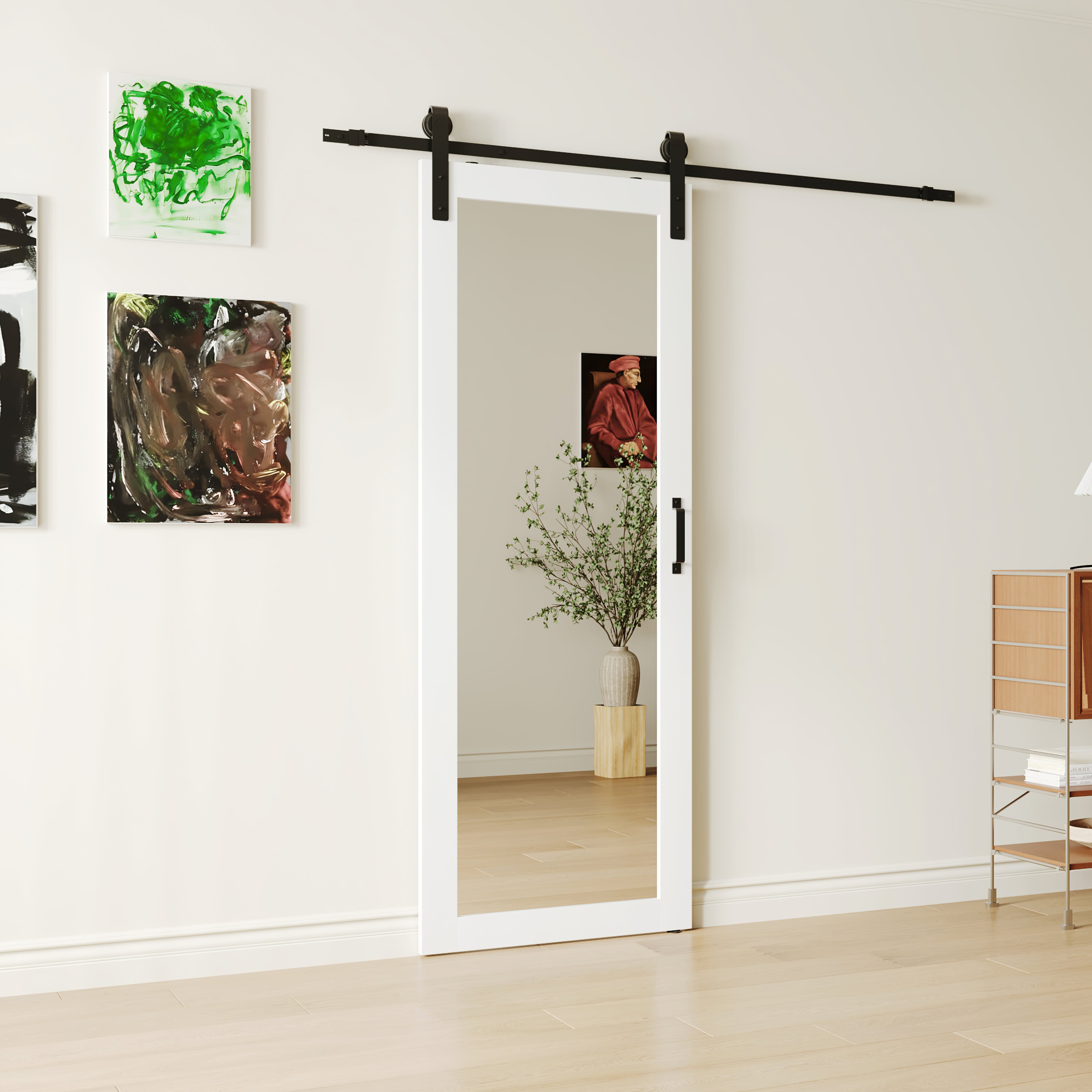 30 in x 84 in 1 Lite, Mirrored Glass, White, Finished, MDF Sliding Barn Door with Hardware Kit