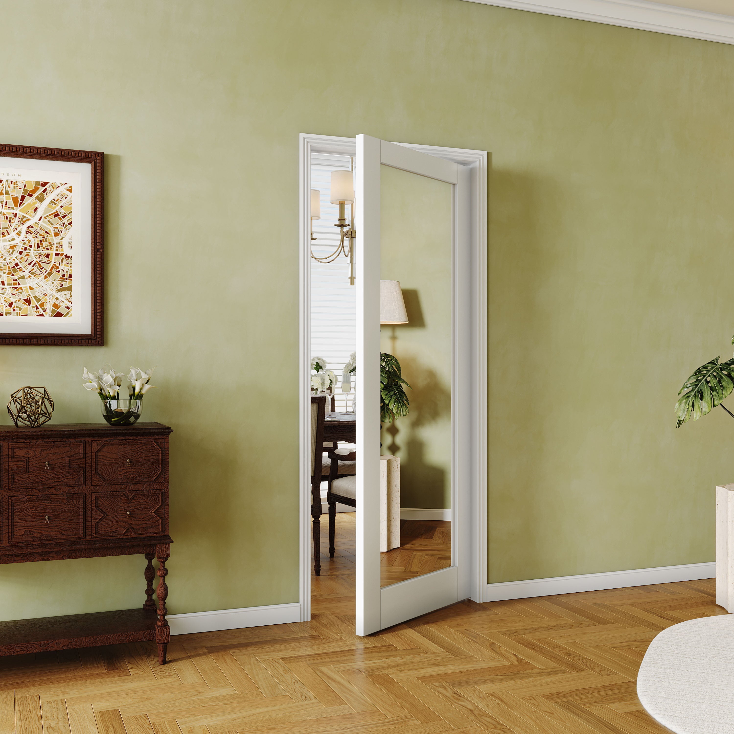 French Interior Door - 1 Lite Mirror Glass Pantry Door Panels, Closet & Bathroom Single Door Slab, White Primed, MDF - Finished Door Panel