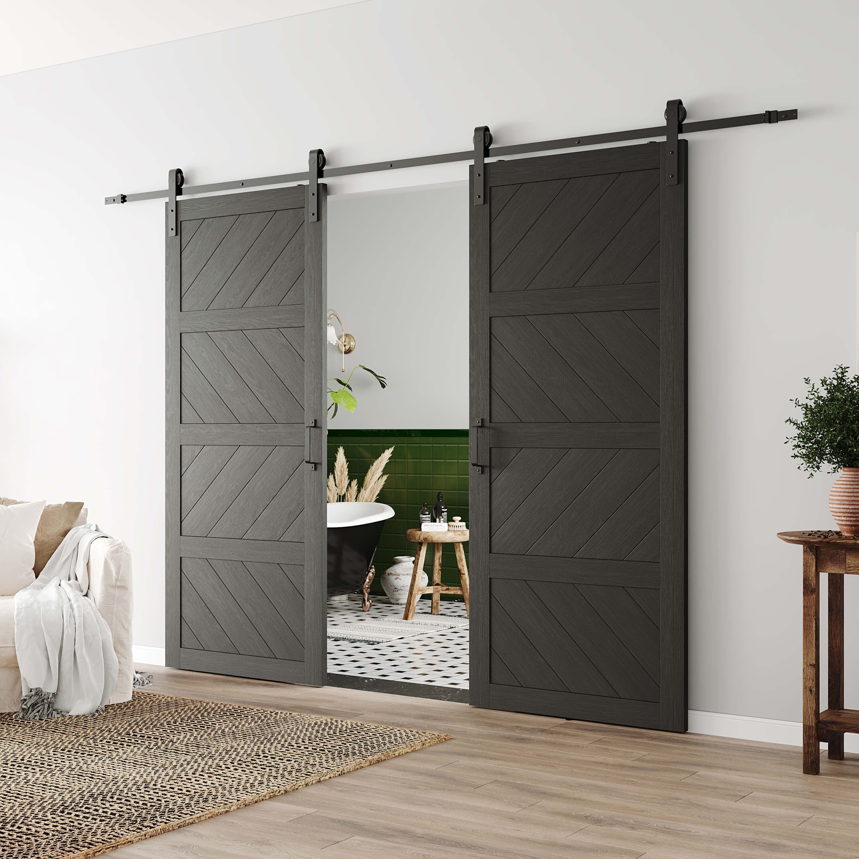 TENONER Sliding Barn Door, Paneled Wood Wave Barn Door,Hardware Kit Included,Water-Proof PVC Surface,Assembly Needed, Black