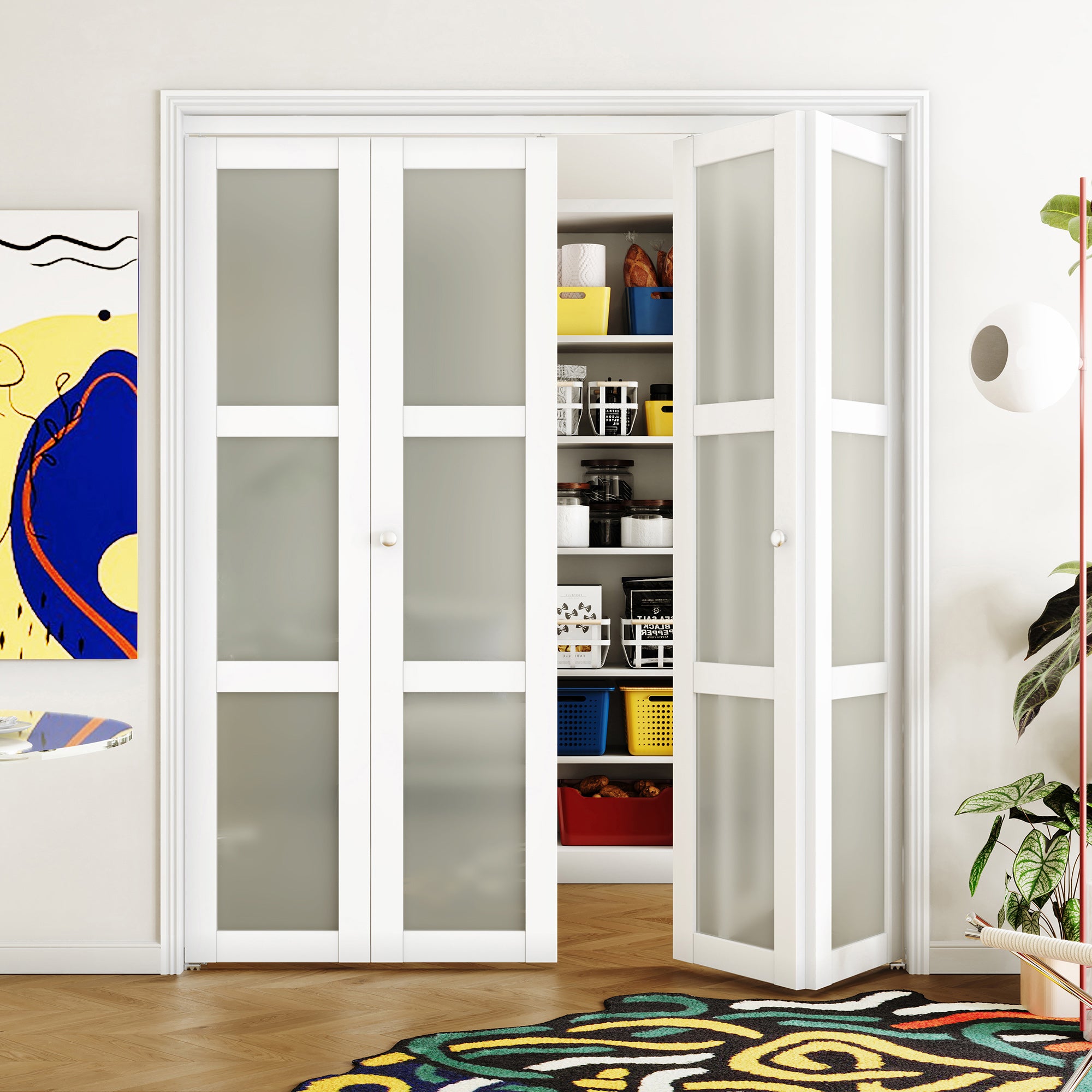 48/60/72 in x 80 in Three Frosted Glass Panel Bi-Fold Interior Door with MDF & Water-Proof PVC Covering, Hardware Included