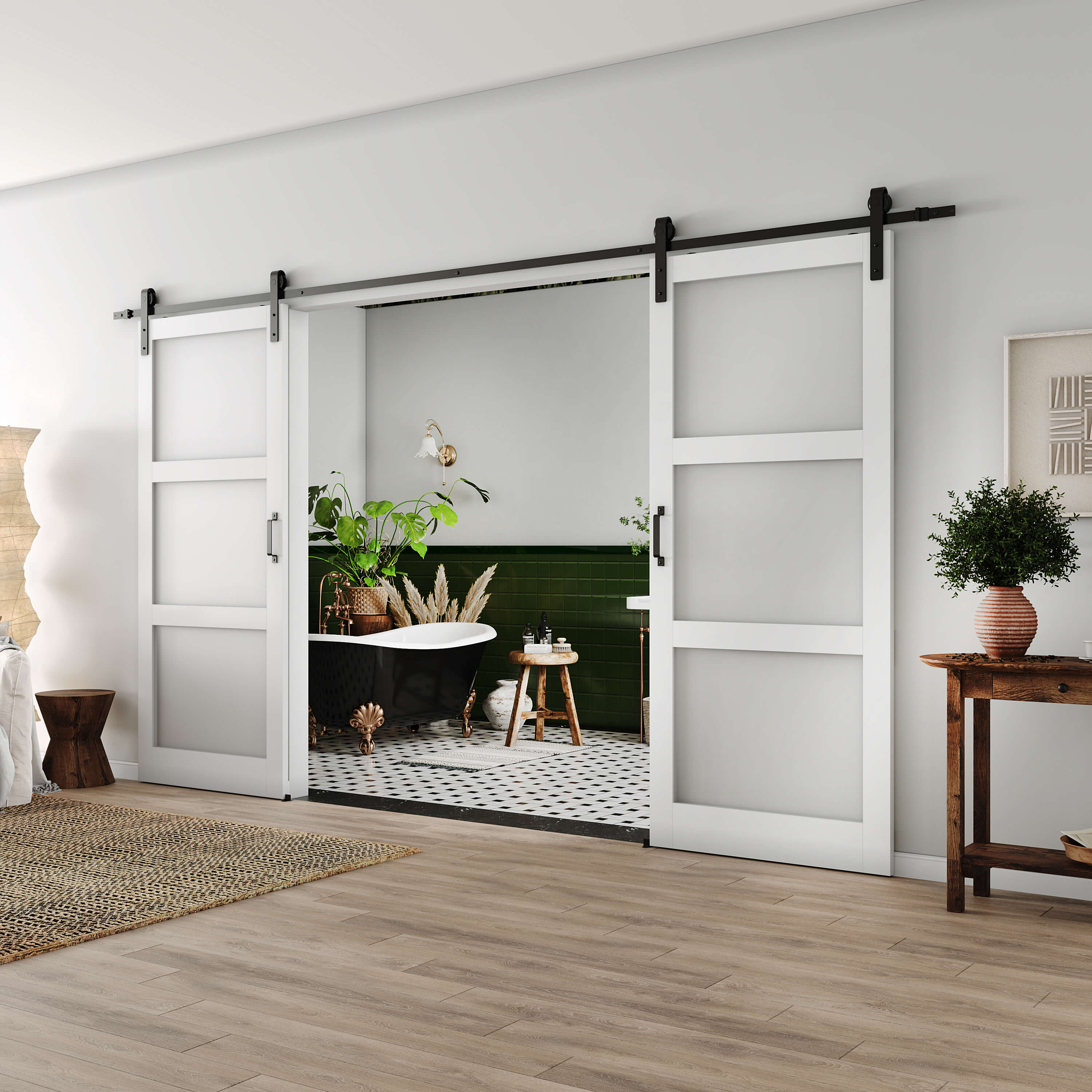 TENONER Double Sliding Barn Door,Double Frosted 3 Panel Glass Barn Door,Water-Proof PVC Surface,Hardware Kit Included, Assembly Needed,White