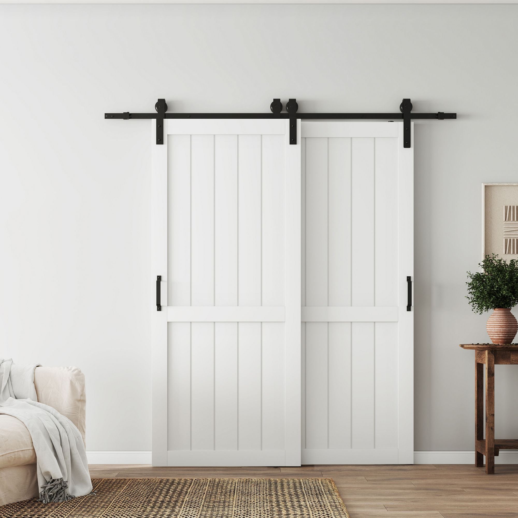 TENONER Bypass Barn Doors,Sliding Hardware Kit, Single-Track for Double H-Frame Doors, MDF & DIY Painted, Easy Installation - White