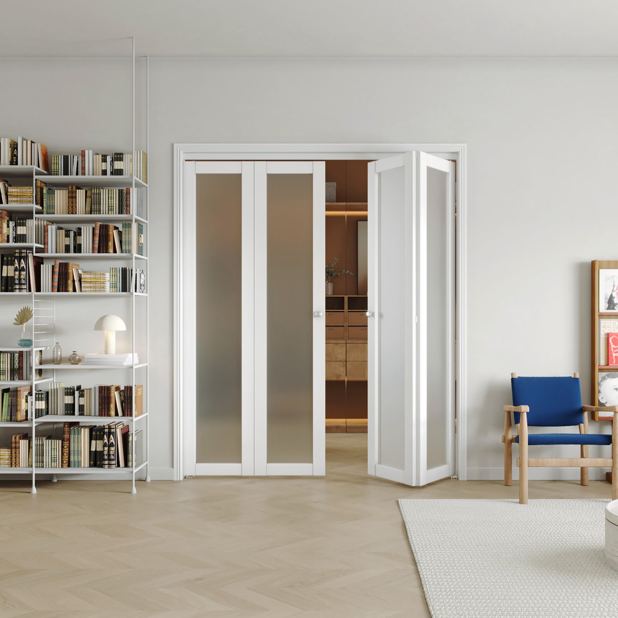 48/60/72 in x 80 in Frosted Glass Panel, Full Lite Bi-Fold Interior Door with MDF & Water-Proof PVC Covering, Hardware Included