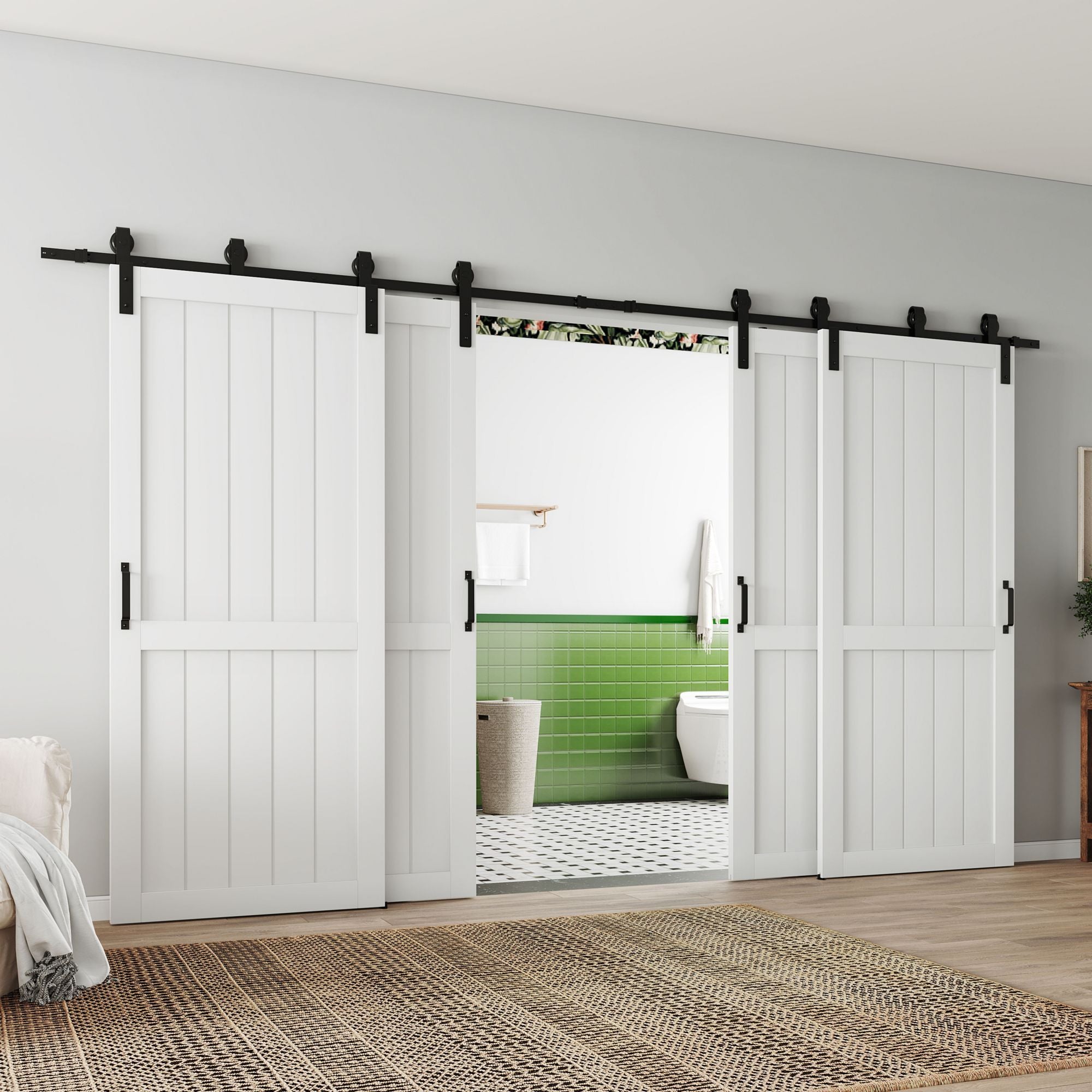 TENONER Bypass Barn Doors,Sliding Hardware Kit, Single-Track for Double H-Frame Doors, MDF & DIY Painted, Easy Installation - White