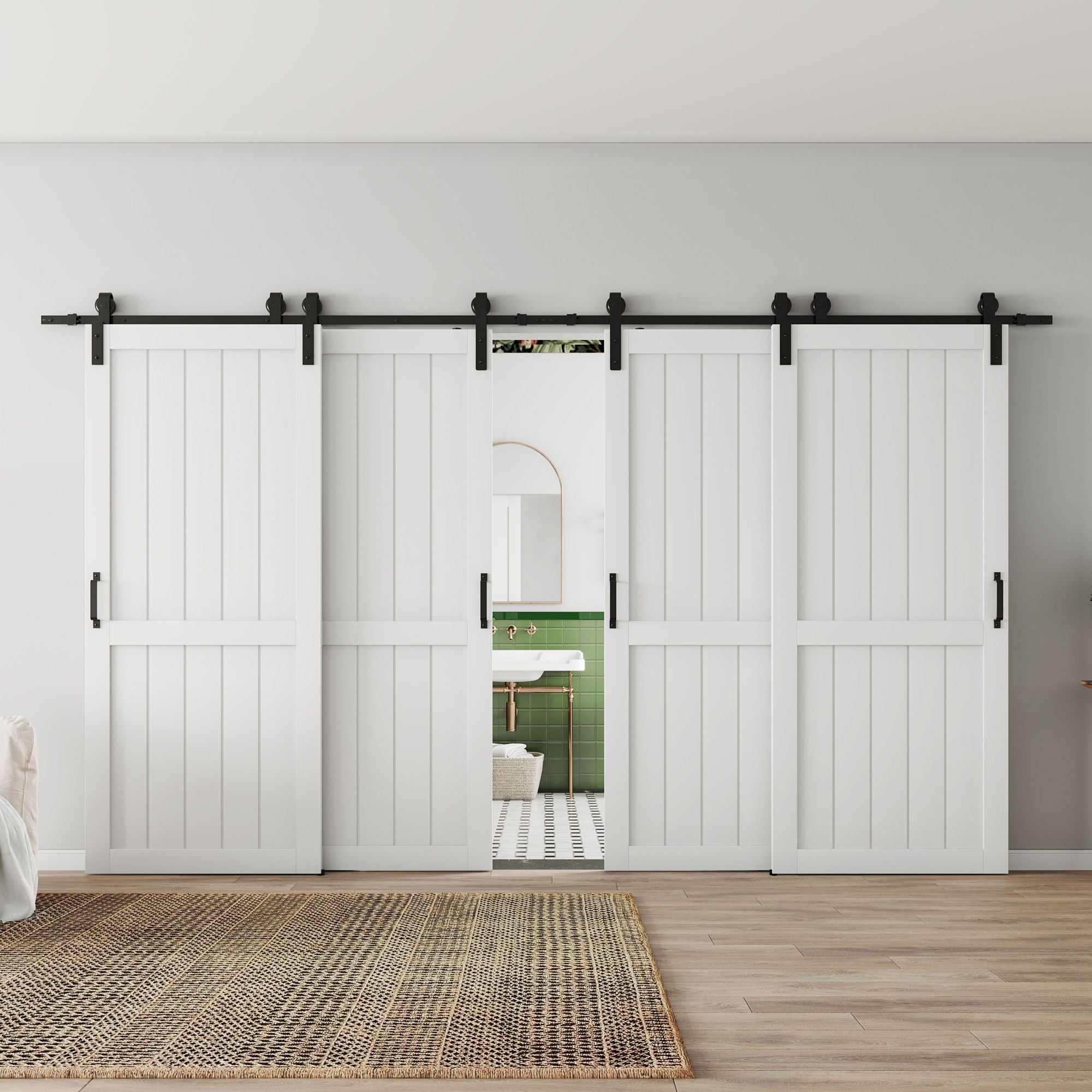 TENONER Bypass Barn Doors,Sliding Hardware Kit, Single-Track for Double H-Frame Doors, MDF & DIY Painted, Easy Installation - White