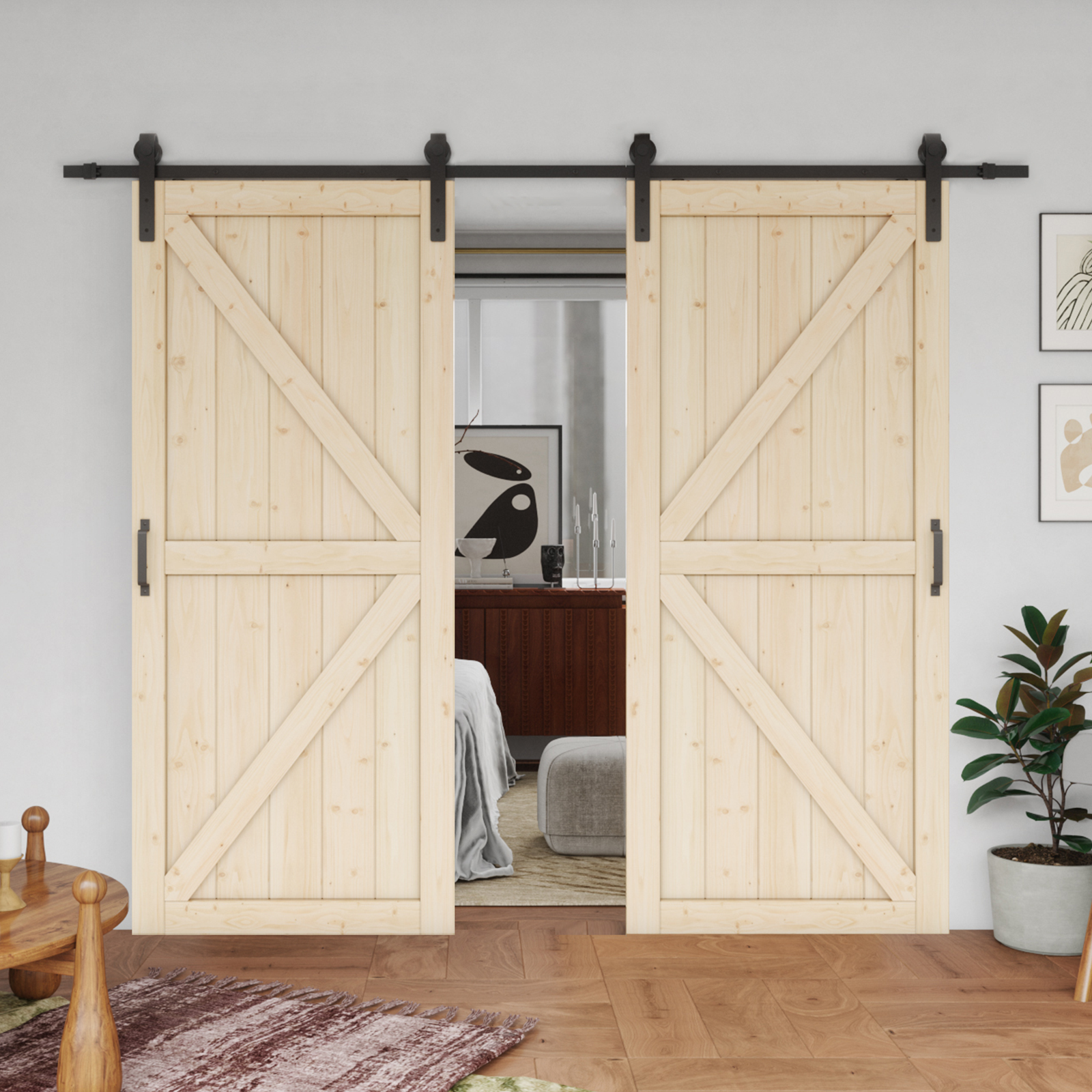 TENONER Double Pine Wood Barn Door, Sliding Barn Door with All Hardware Kit Included, Pre-Drilled Easy to Assemble, DIY Unfinished K-Frame Solid Core Single Barn Door, Natural