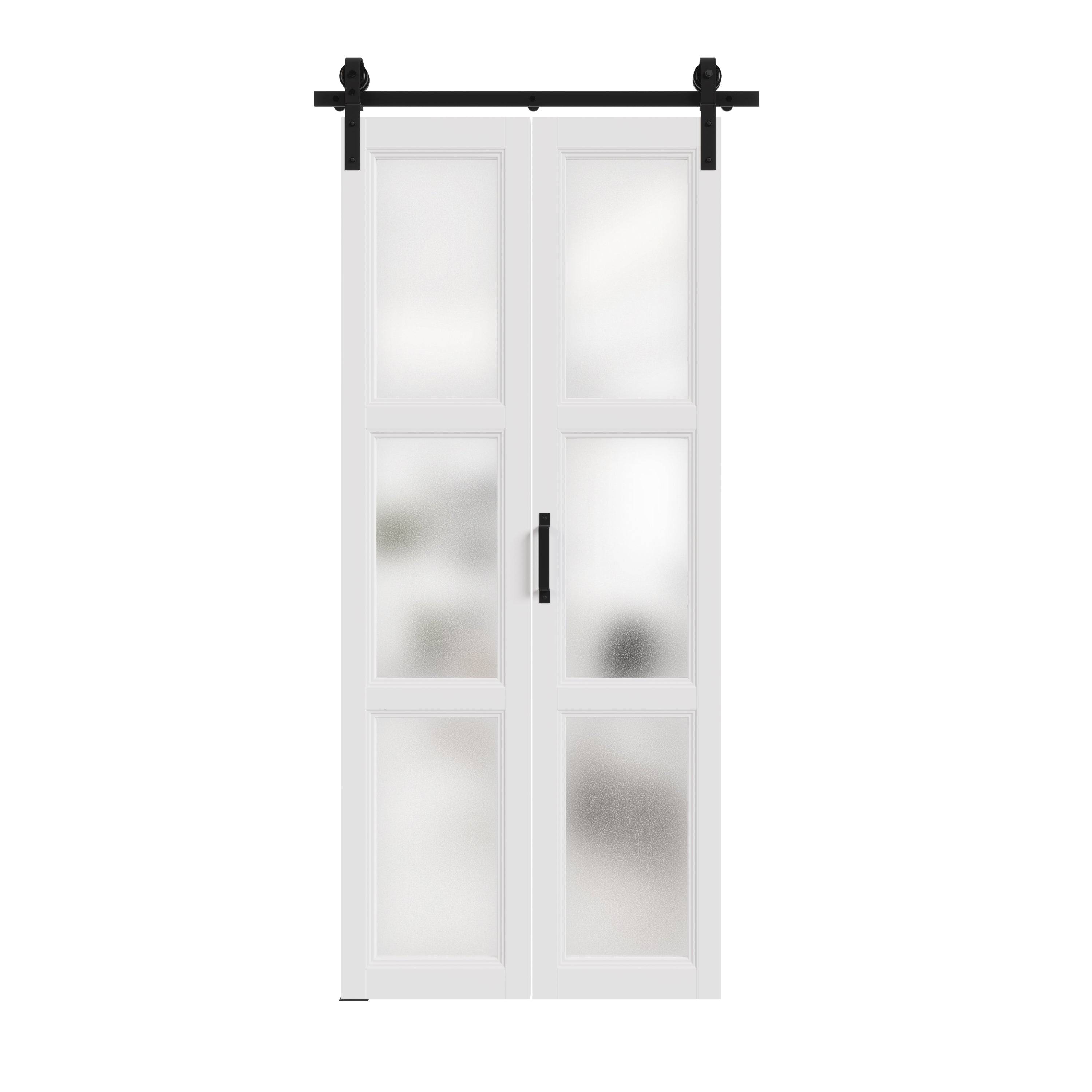 TENONER Bi-Folding Barn Door, 3 Lites Tempered Frosted Glass Panel with Sliding Hardware Kit Set, Pre-drilled Closet Door Slab, One Track for 2 Doors, MDF, White