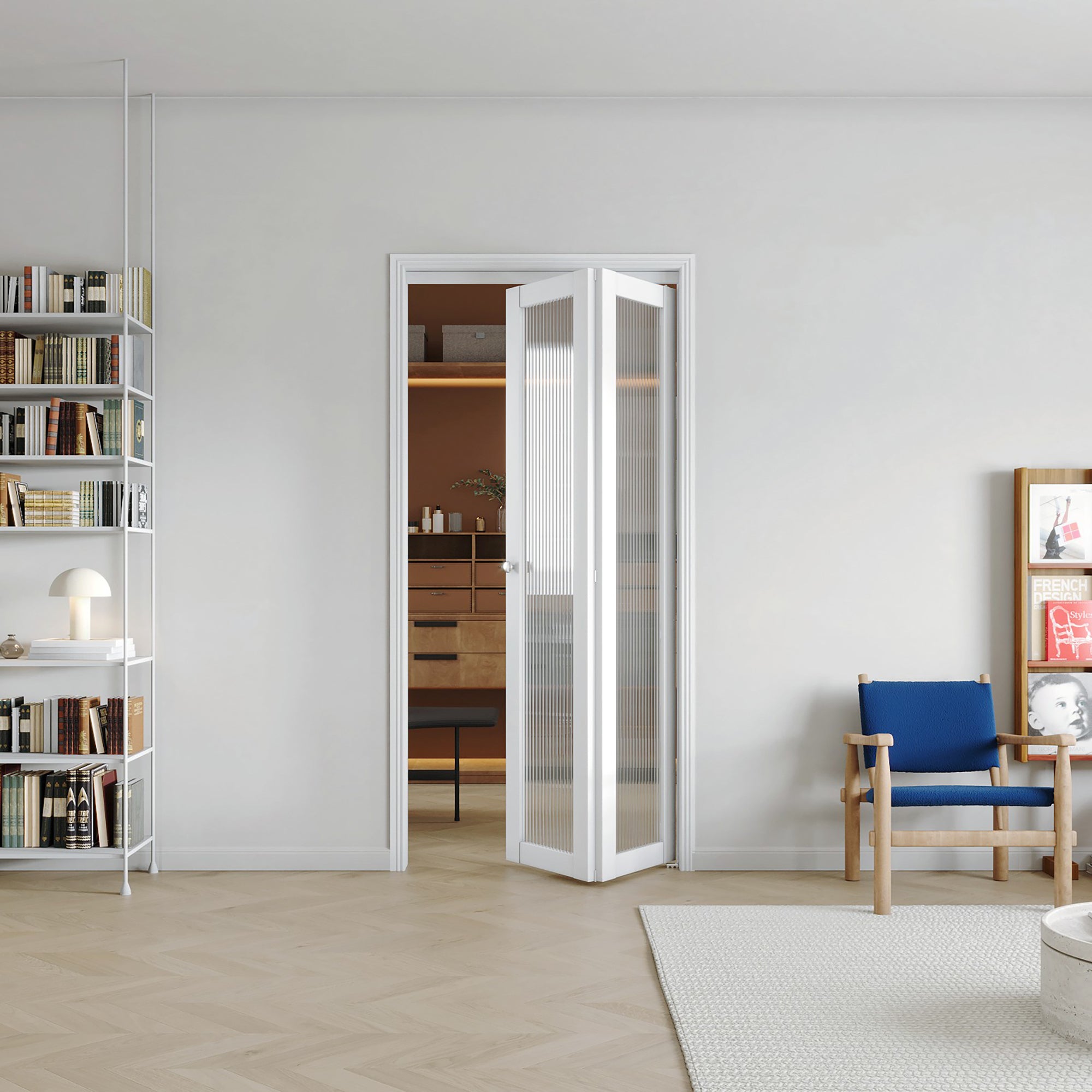 24/30/36 in x 80 in, Reeded Glass, Full Lite Bi-Fold Interior Door with MDF & Water-Proof PVC Covering, Hardware Included