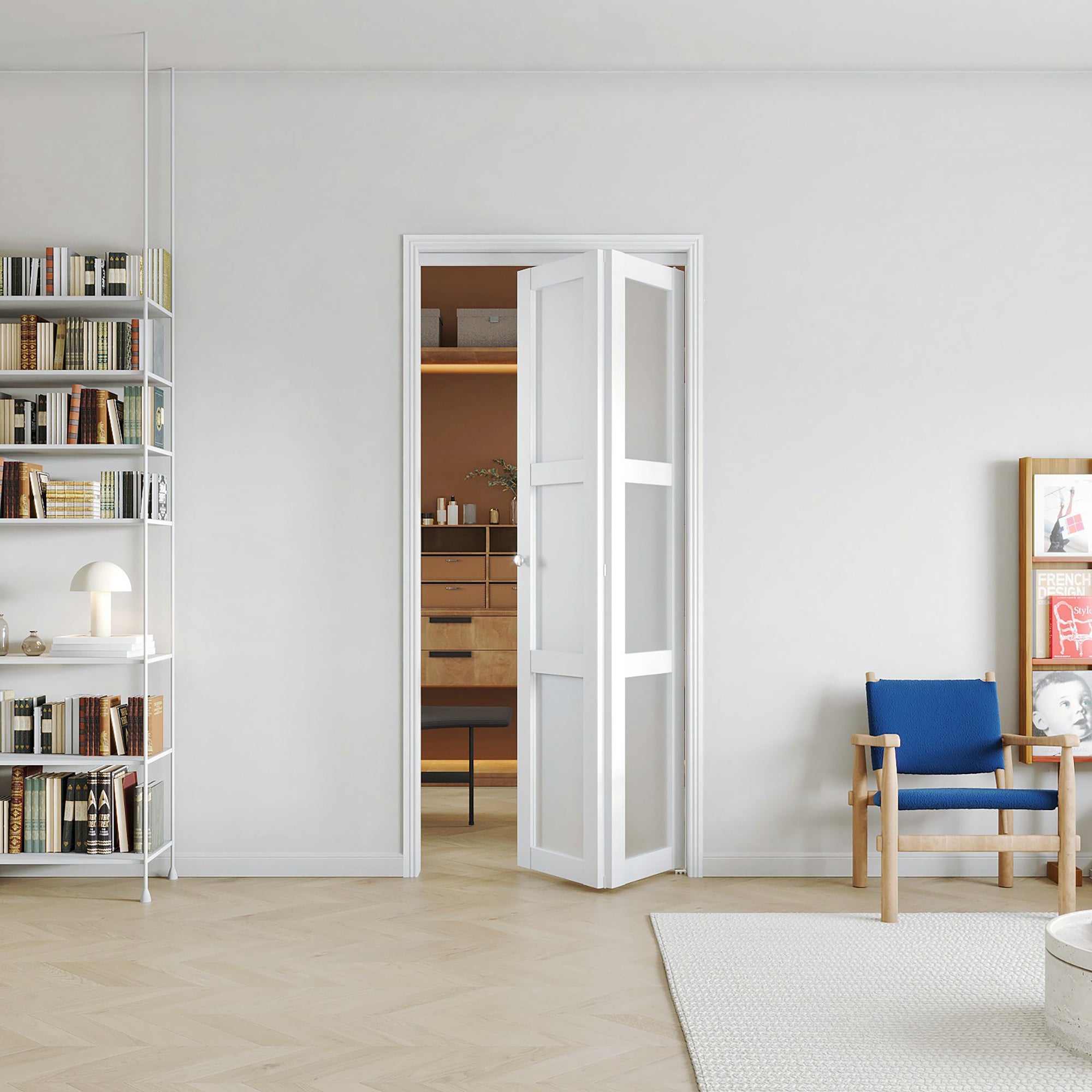 24/30/36 in x 80 in Three Frosted Glass Panel Bi-Fold Interior Door with MDF & Water-Proof PVC Covering, Hardware Included