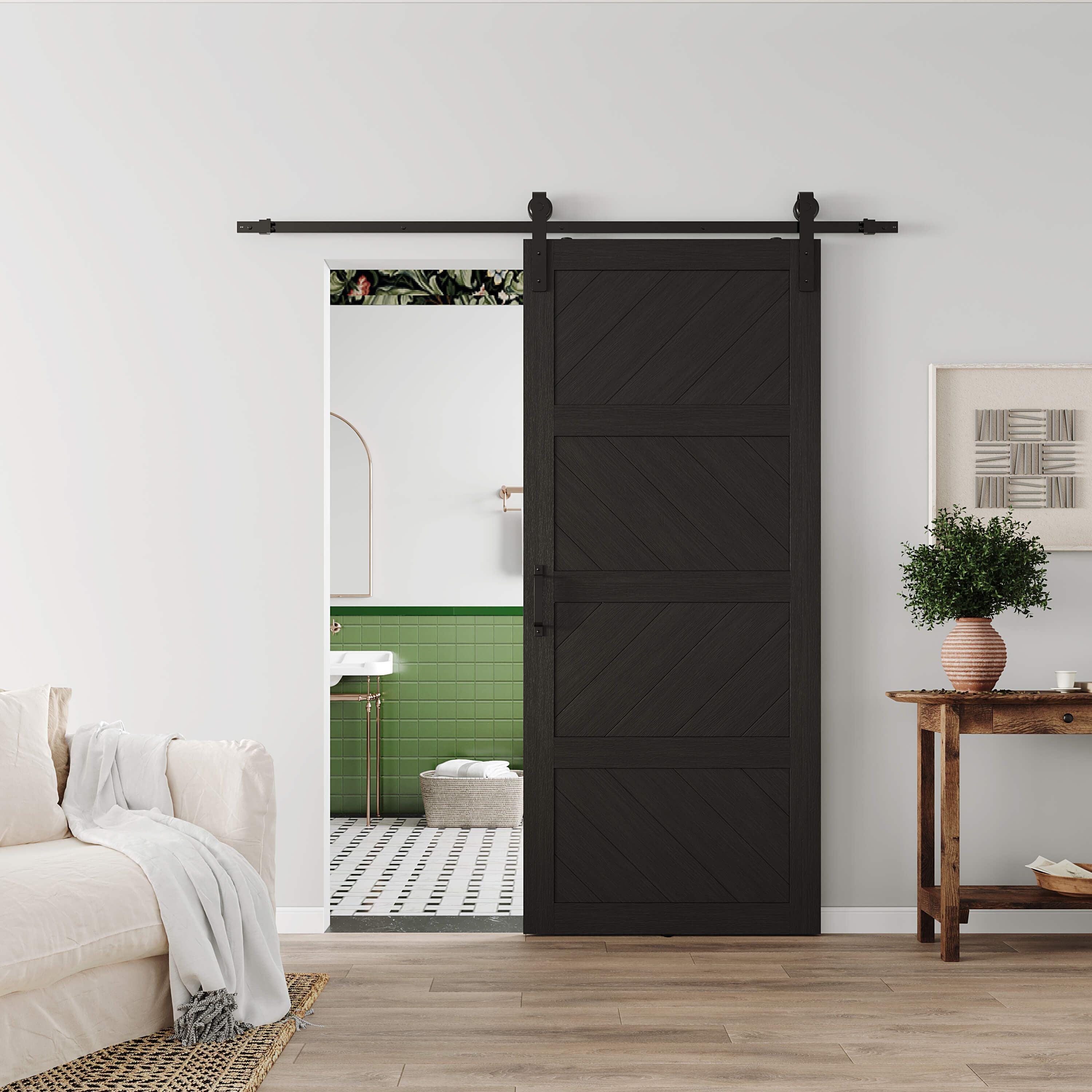 TENONER Sliding Barn Door, Paneled Wood Wave Barn Door,Hardware Kit Included,Water-Proof PVC Surface,Assembly Needed, Black