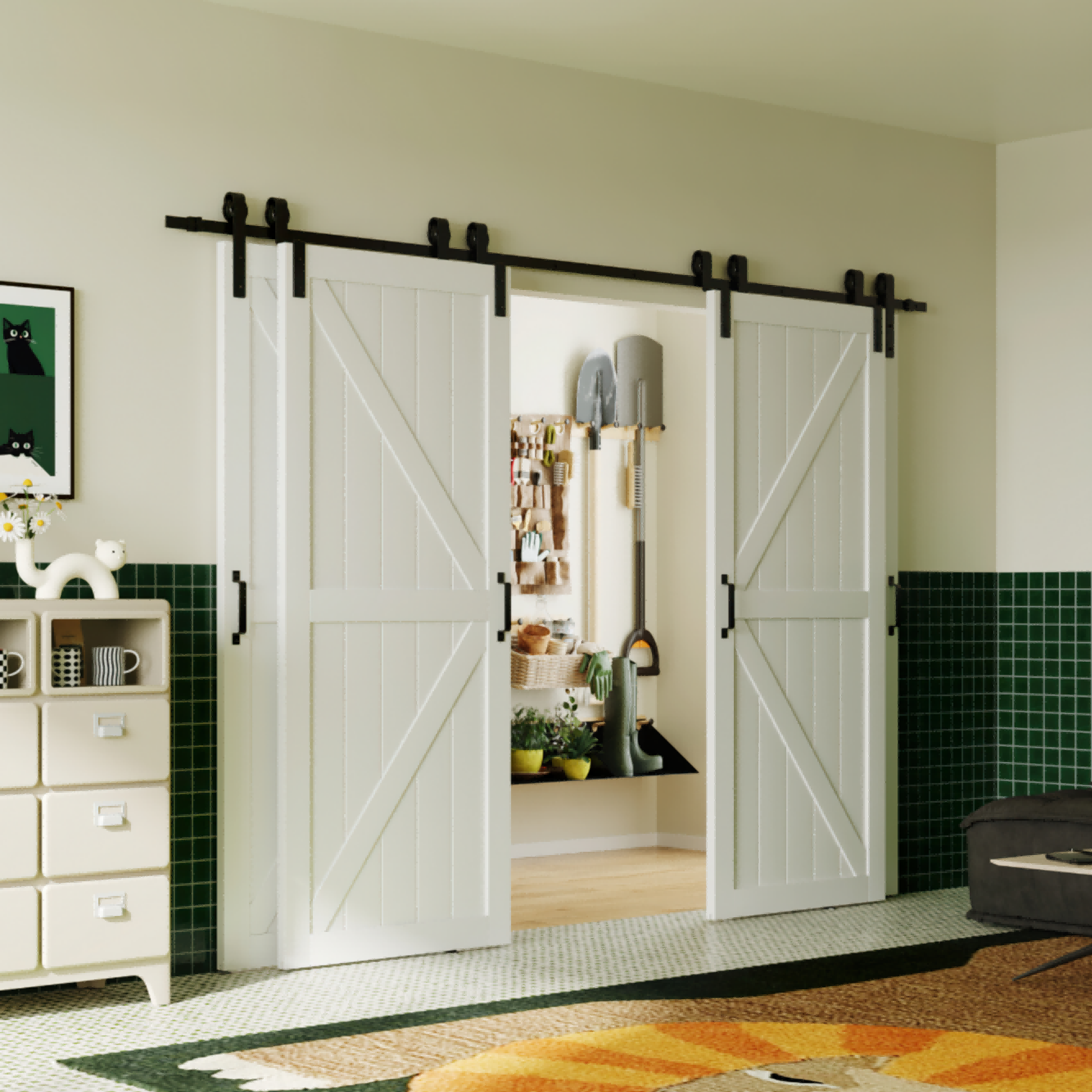 TENONER Bypass Barn Door, with K-Shaped Door Panels & 6ft Bypass Hardware Kit - Pre-Drilled White Primed 2 Door Slabs for Closet, Bedroom, Wardrobe, Need to Assemble