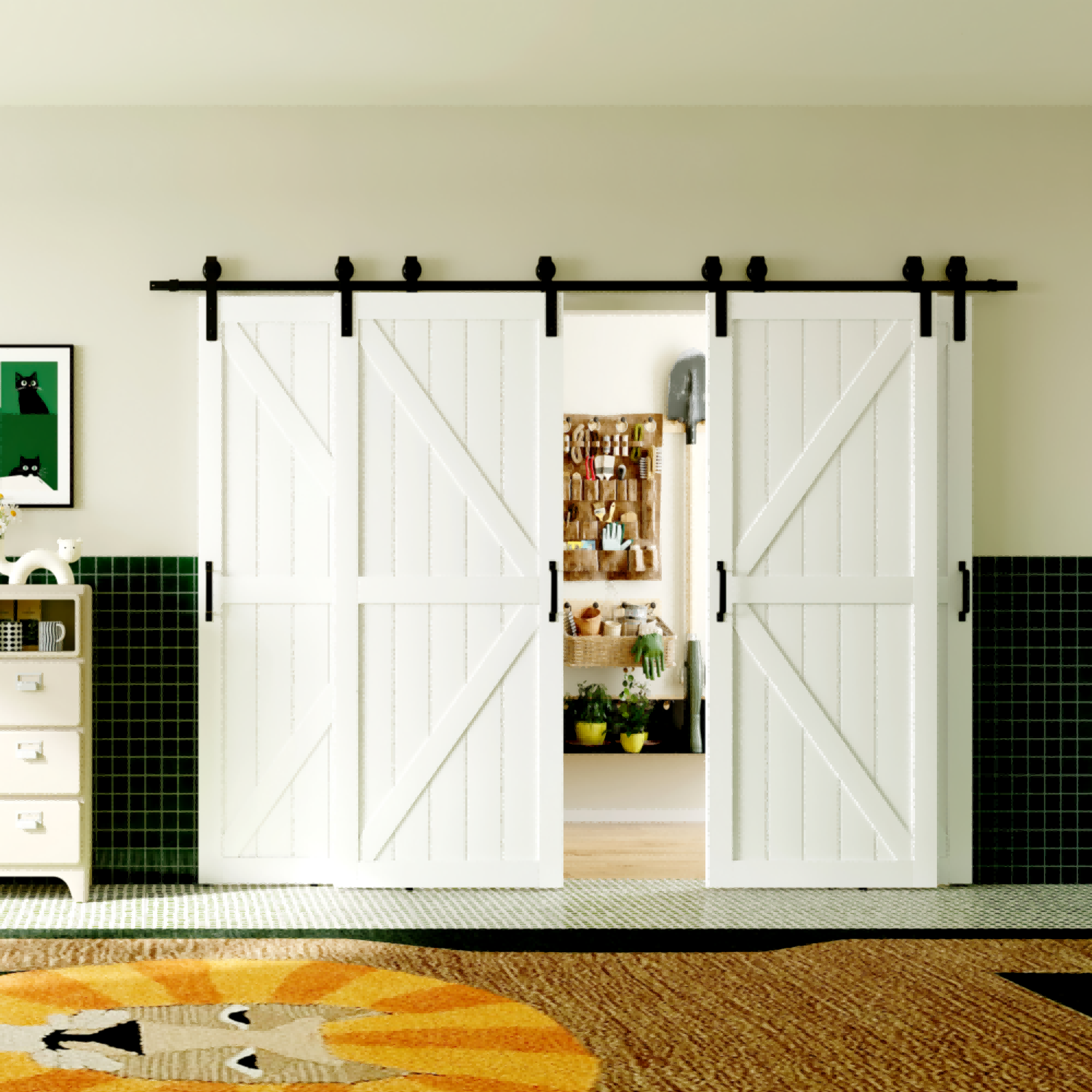 TENONER Bypass Barn Door, with K-Shaped Door Panels & 6ft Bypass Hardware Kit - Pre-Drilled White Primed 2 Door Slabs for Closet, Bedroom, Wardrobe, Need to Assemble