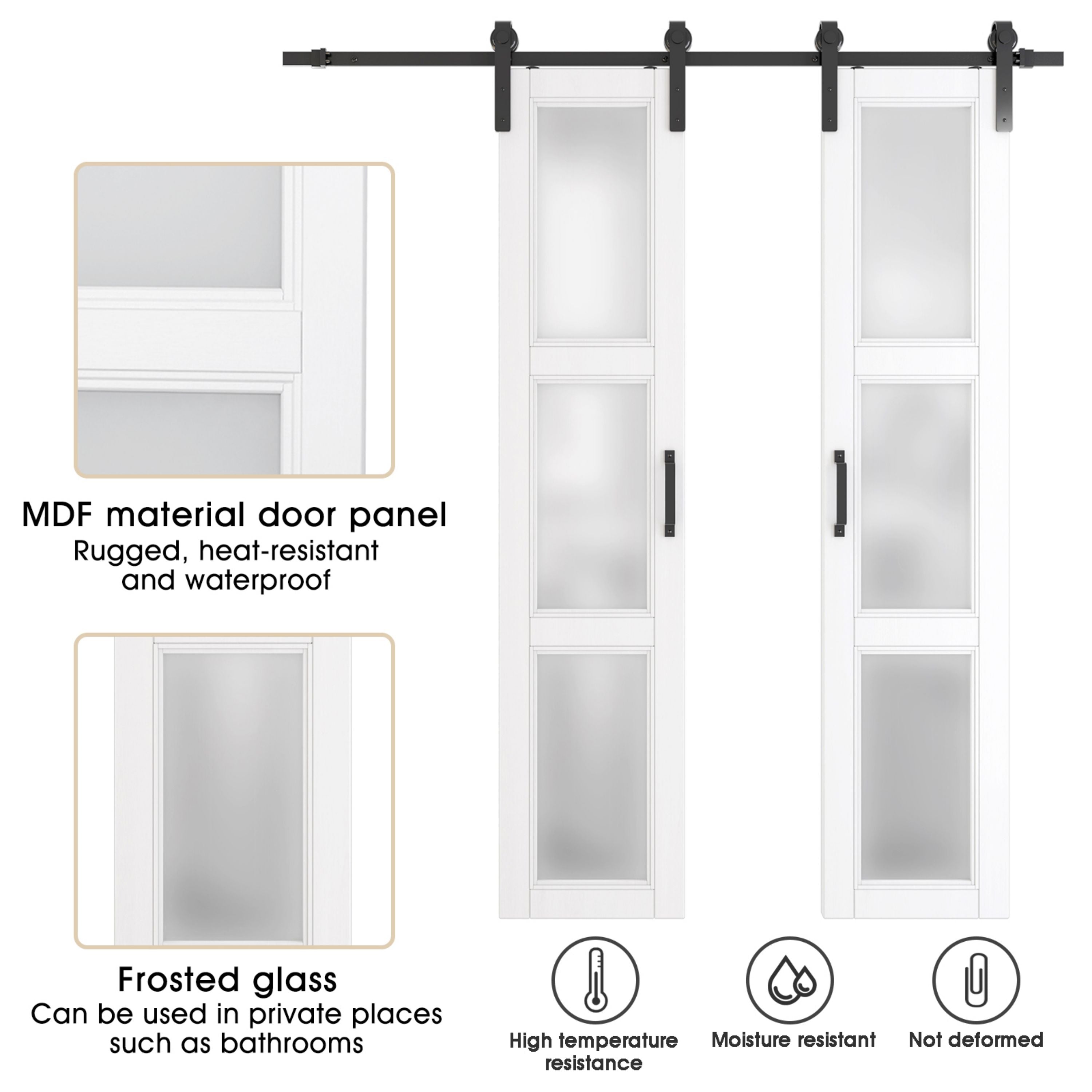 TENONER White Double Sliding Barn Door, Frosted 3 Panel Glass Barn Doors Sturdy Durability Double Barn Doors with Hardware Need to Assemble Suitable for Living Room