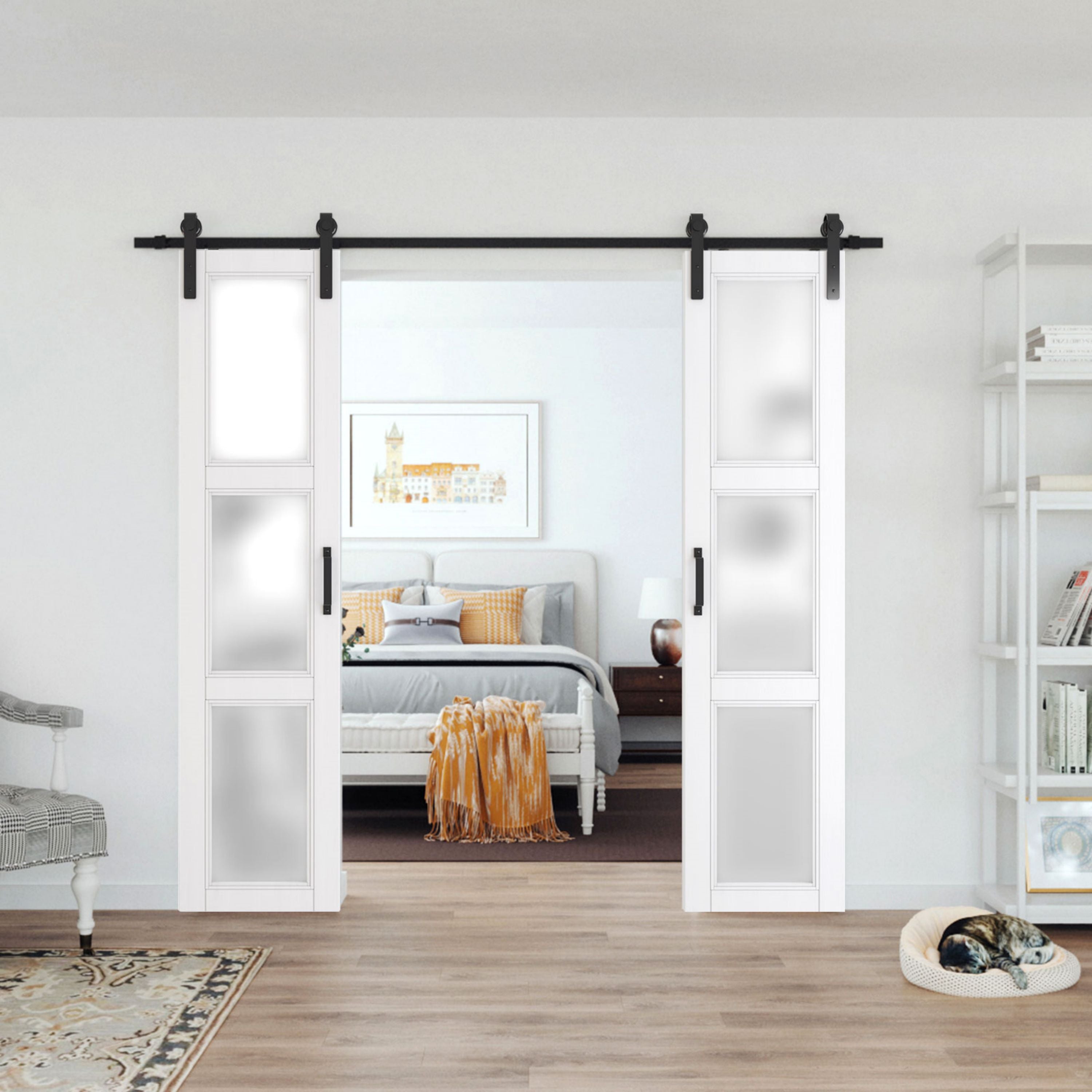 TENONER White Double Sliding Barn Door, Frosted 3 Panel Glass Barn Doors Sturdy Durability Double Barn Doors with Hardware Need to Assemble Suitable for Living Room